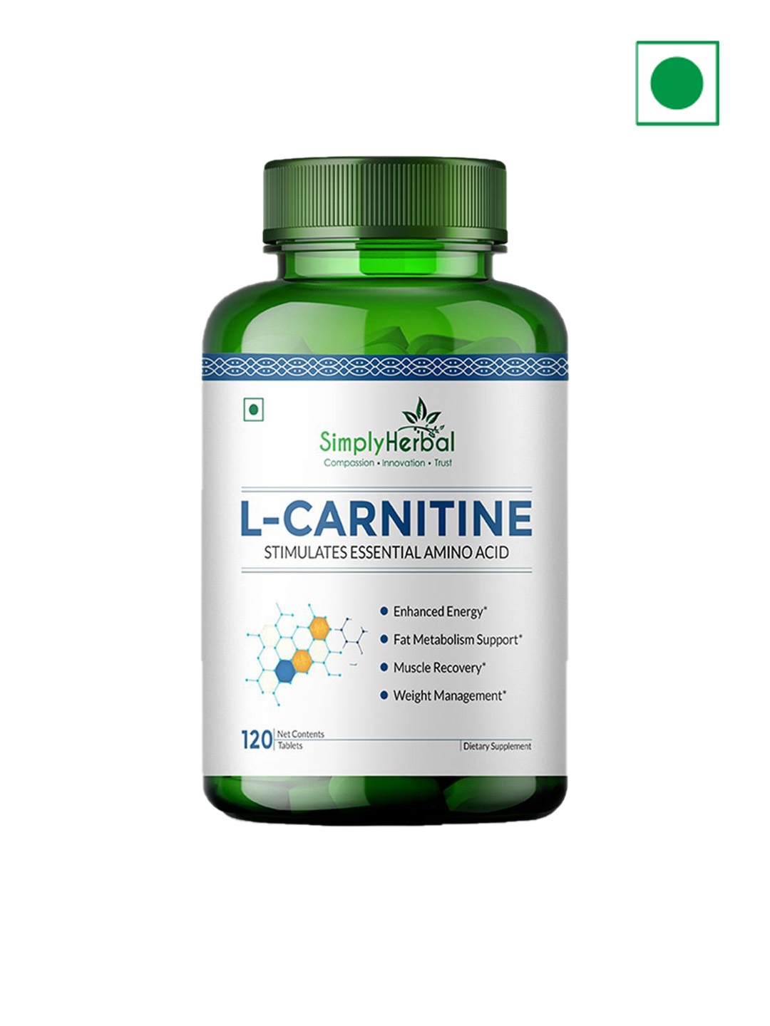 

Simply Herbal L-Carnitine Tablet To Support Muscle Recovery - 120 Tablets, Green