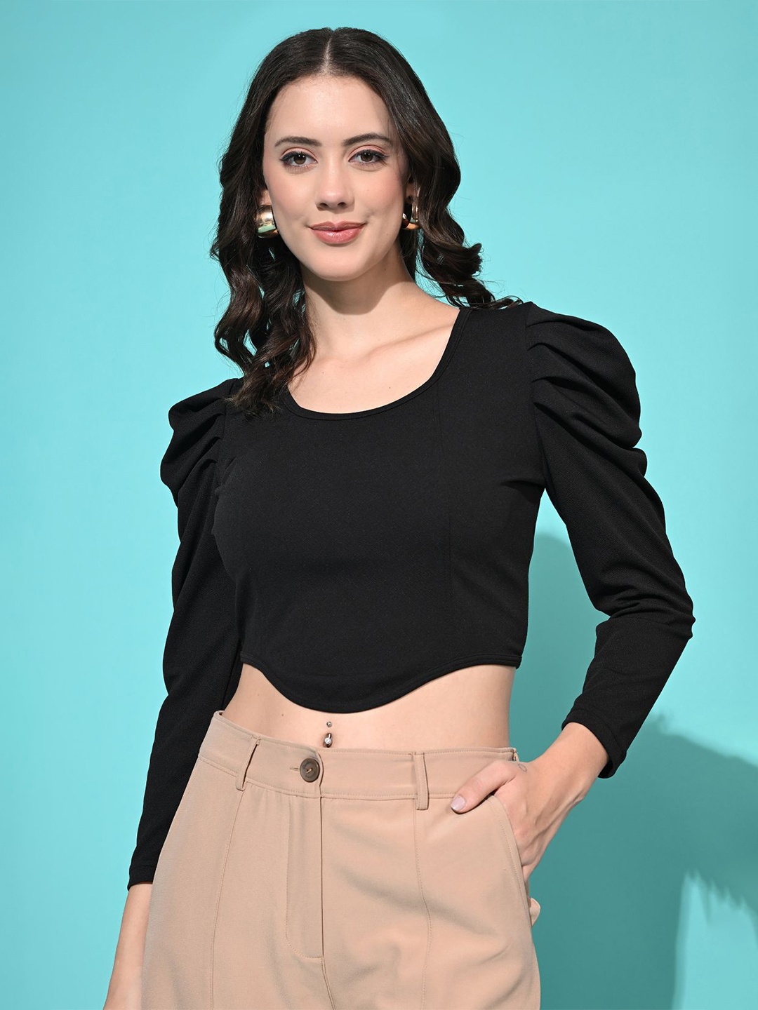 

Moshe Long Puff Sleeve Round Neck High Low Crop Top, Black