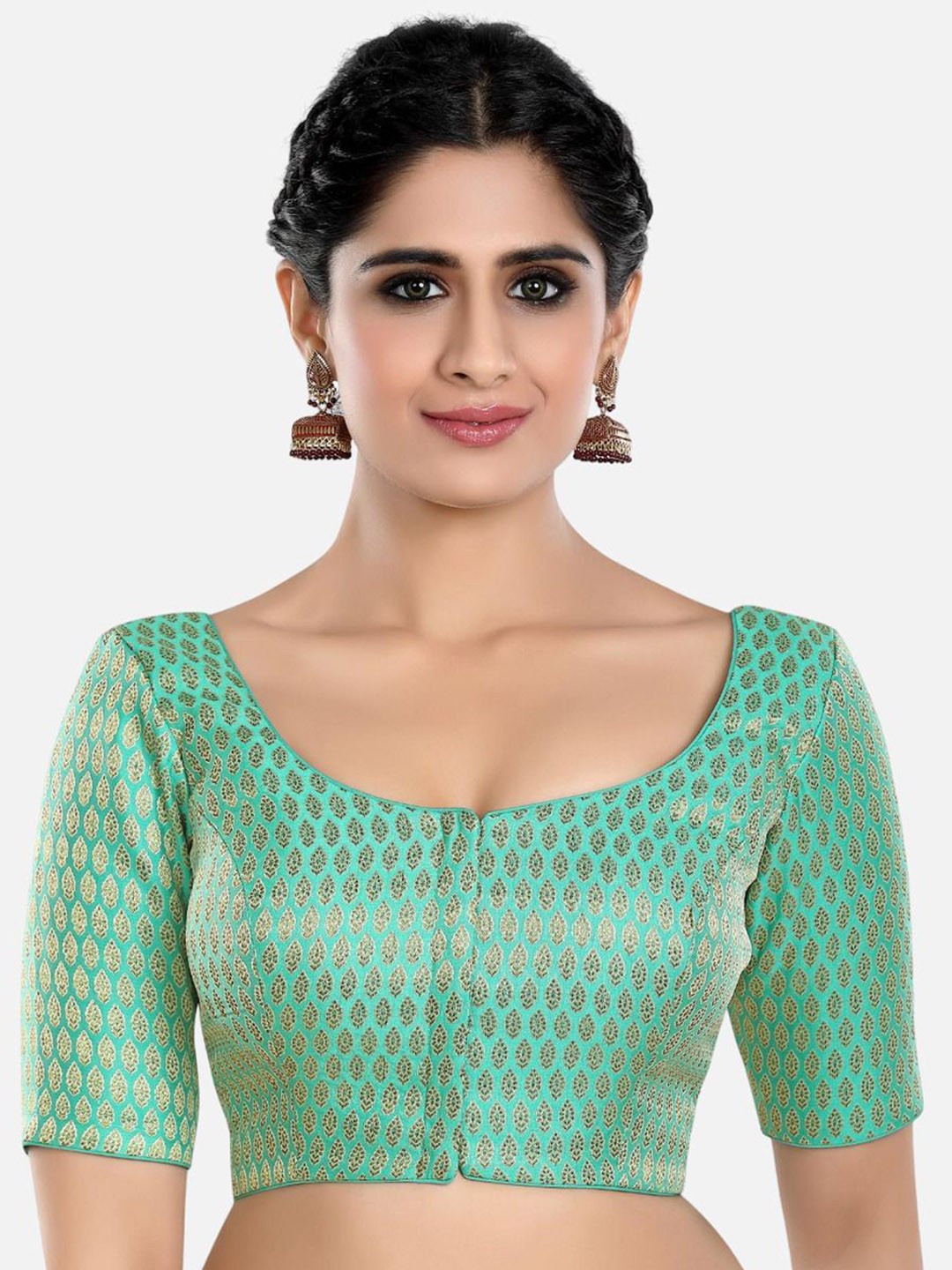 

FEMMIBELLA Woven Designed Round Neck Readymade Saree Blouse, Green