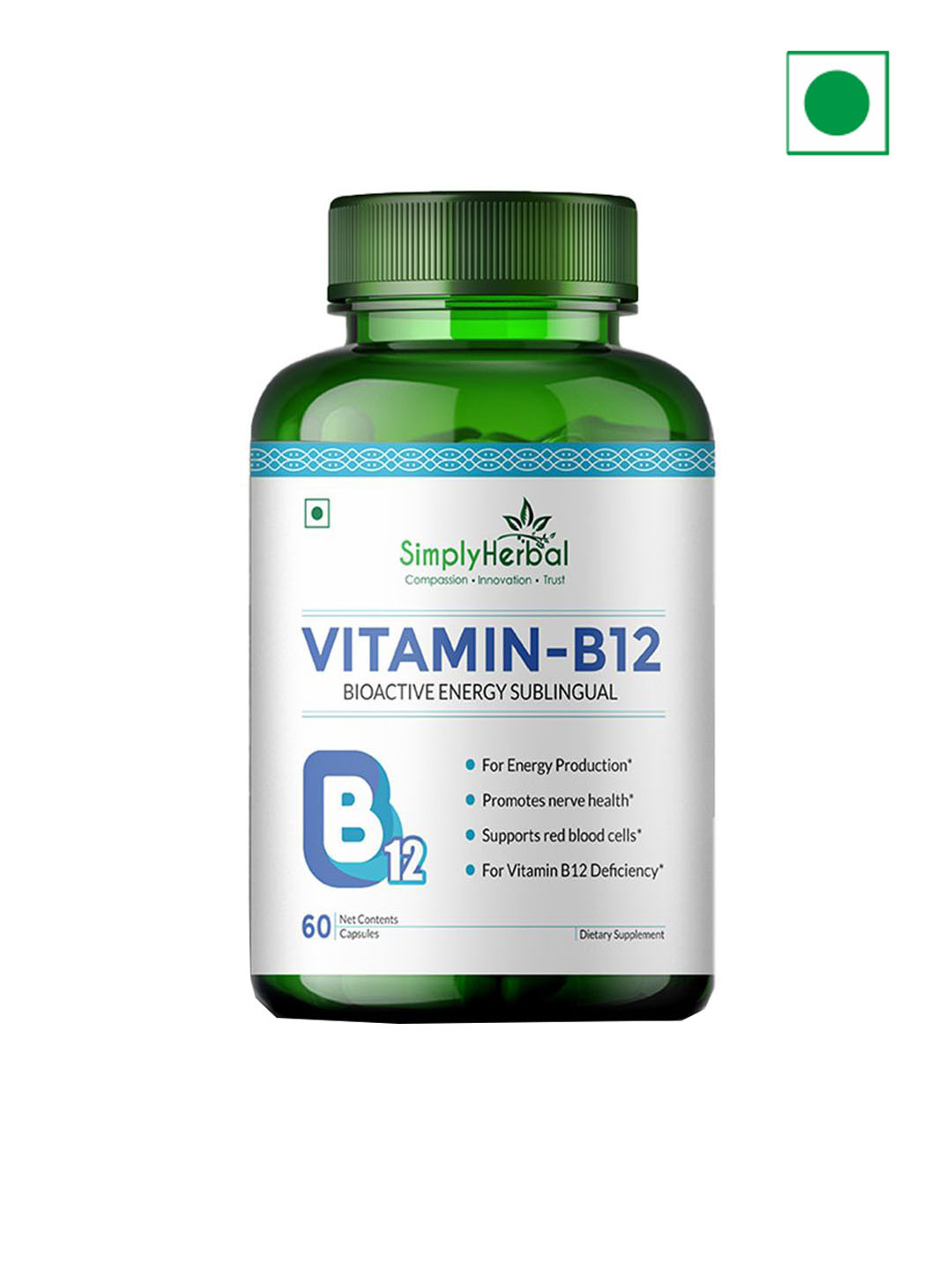 

Simply Herbal Vitamin B12 Cyanocobalamin Capsules - 60 Capsules, Green