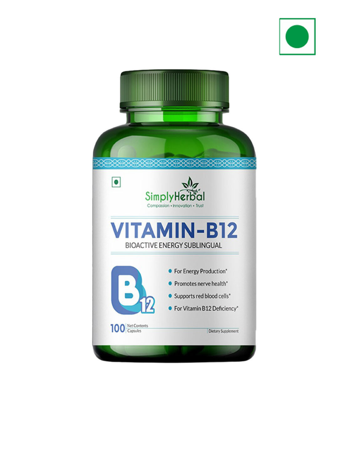 

Simply Herbal Vitamin B12 Capsules To Maintain Good Health - 100 Capsules, Green