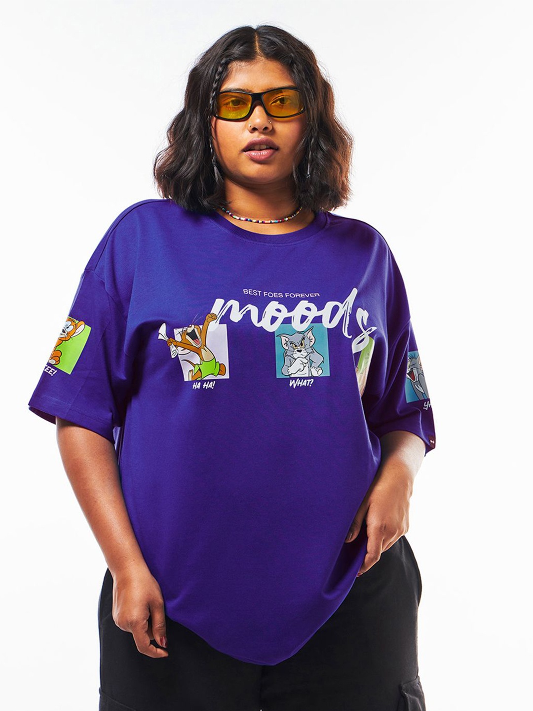 

Bewakoof Heavy Duty 1.0 Women Skipper Blue Tom & Jerry Moods Graphic Printed Oversized Plus Size T-shirt