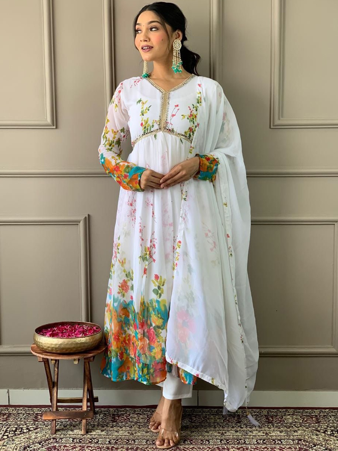 

THE52 Women Floral Printed Angrakha Gotta Patti Kurta with Trousers & With Dupatta, White