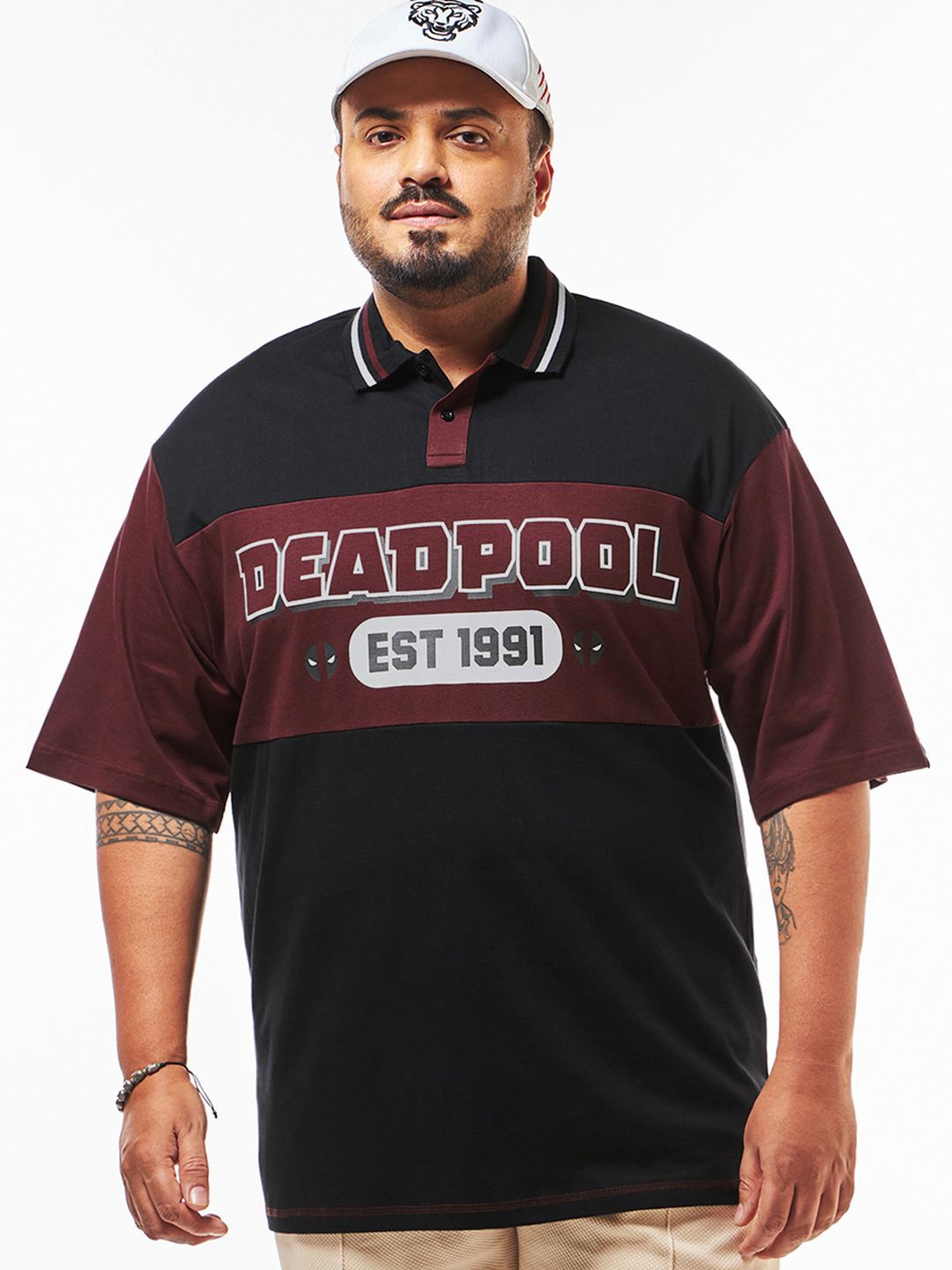 

Bewakoof Plus Men Typography Printed Polo Collar Oversized Plus Size T-shirt, Black