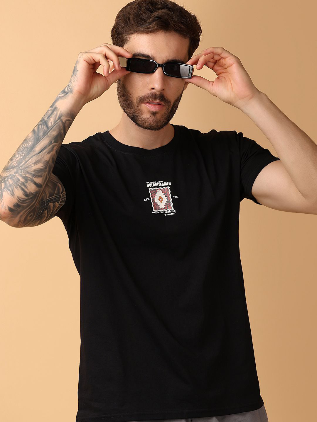 

V-Mart Men Graphic Printed Round Neck Cotton shirt, Black