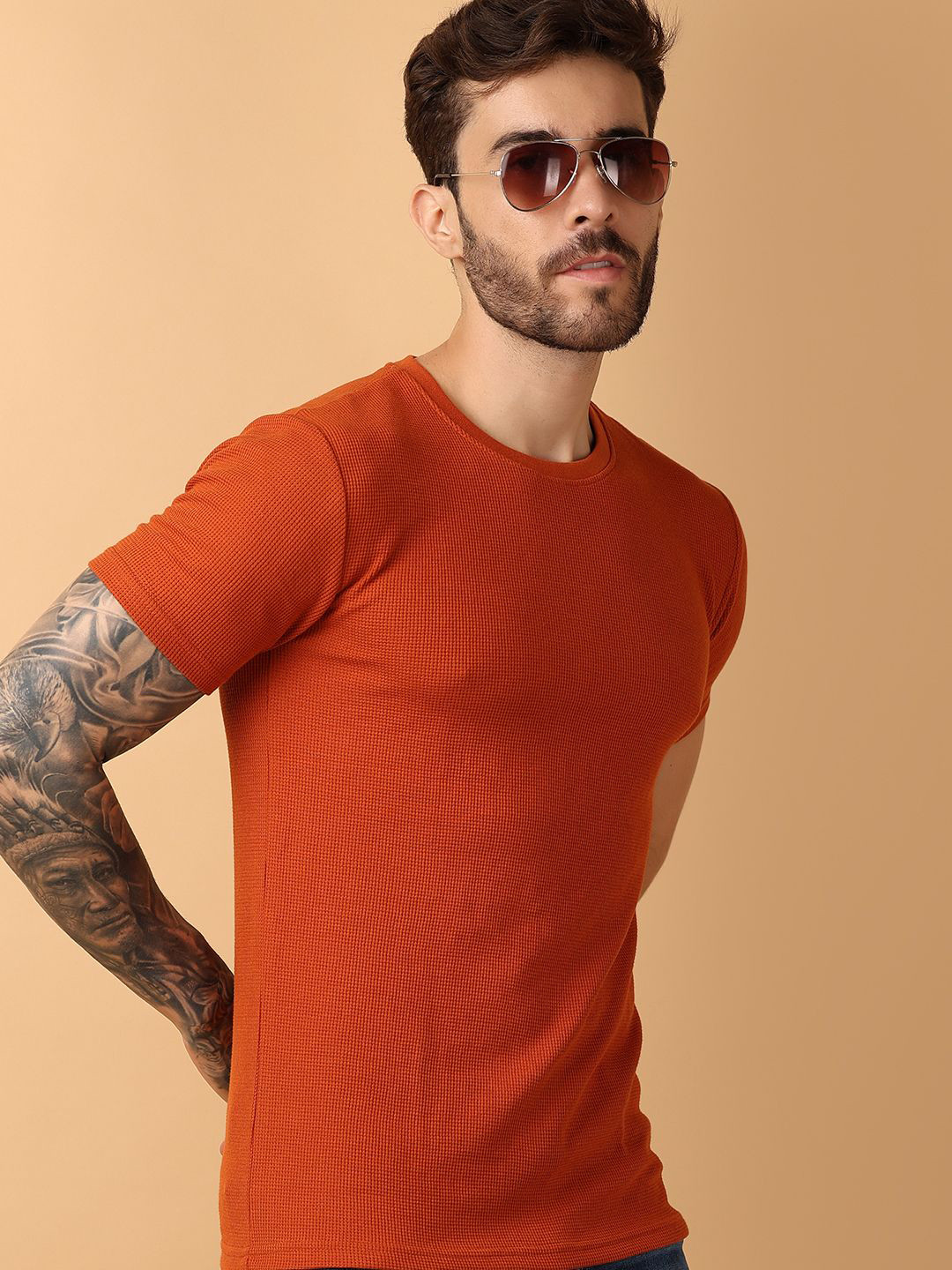 

V-Mart Men Round Neck Solid Knits Cotton T-shirt, Rust