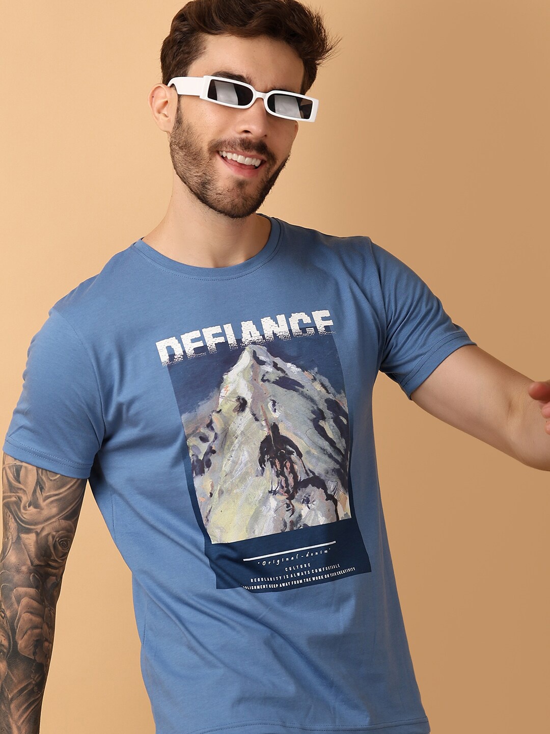 

V-Mart Men Graphic Printed Round Neck Cotton T-shirt, Blue