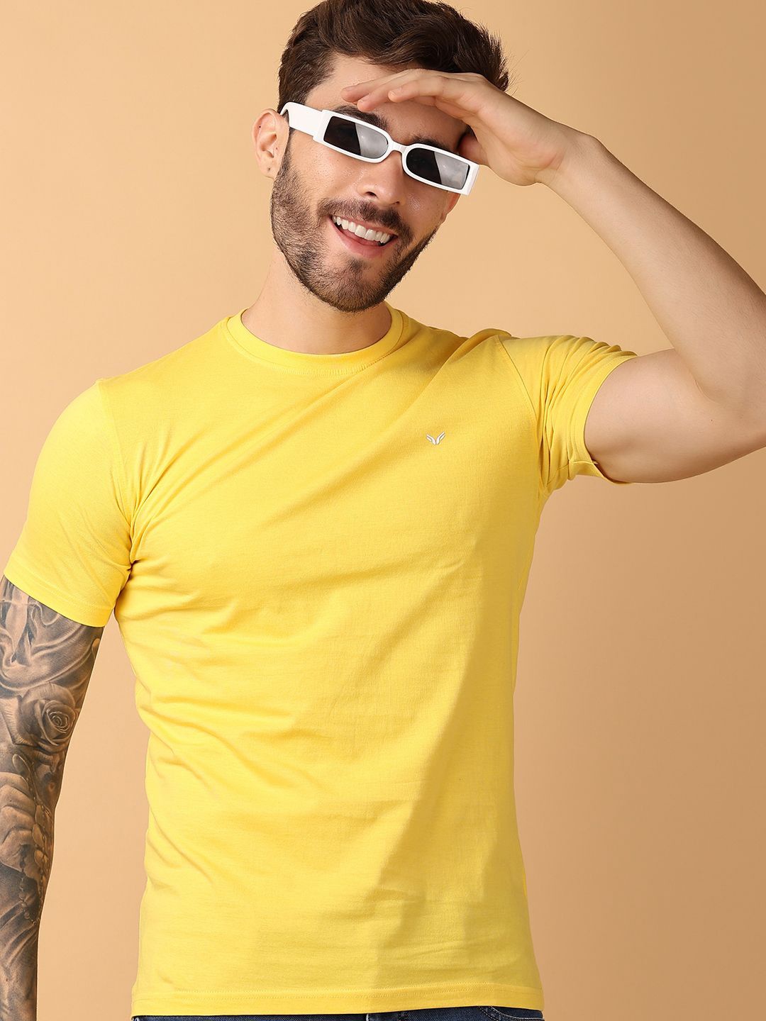 

V-Mart Men Solid Round Neck Cotton Applique T-shirt, Yellow