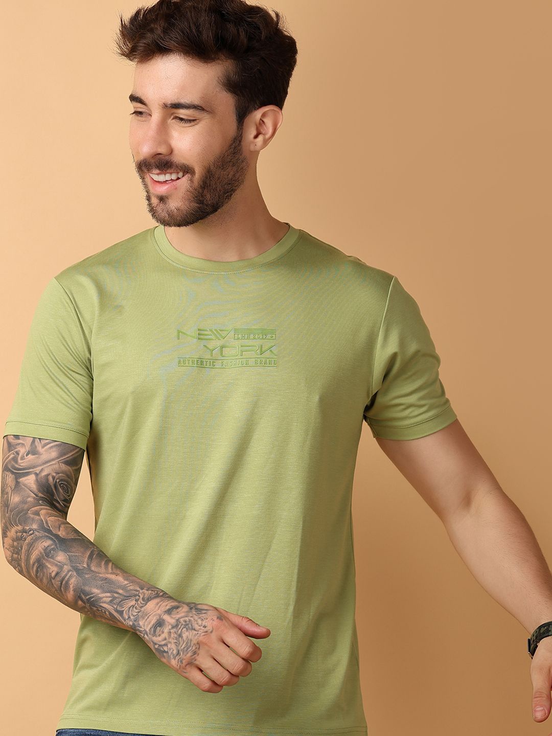 V-Mart Men Typography Printed Round Neck Cotton T-shirt, Green