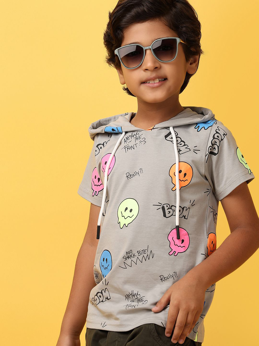 

V-Mart Boys Typography Printed Hooded Cotton T-shirt, Grey