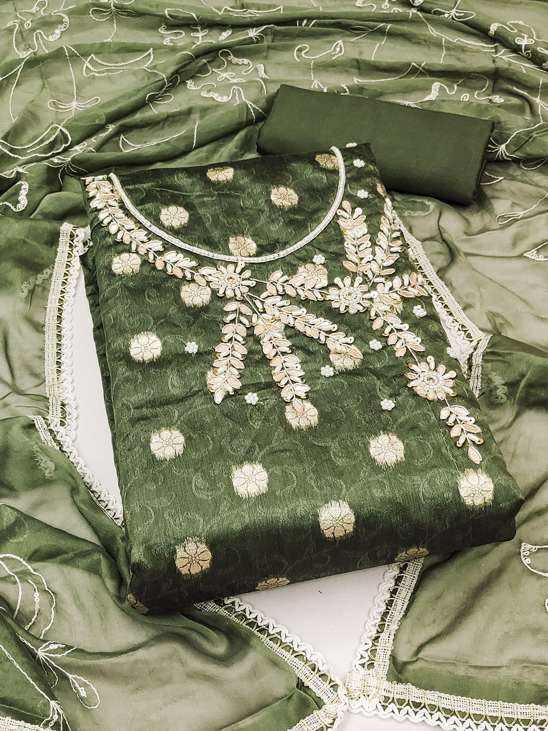 

KIMISHA Floral Woven Design Beads and Stones Unstitched Dress Material, Green