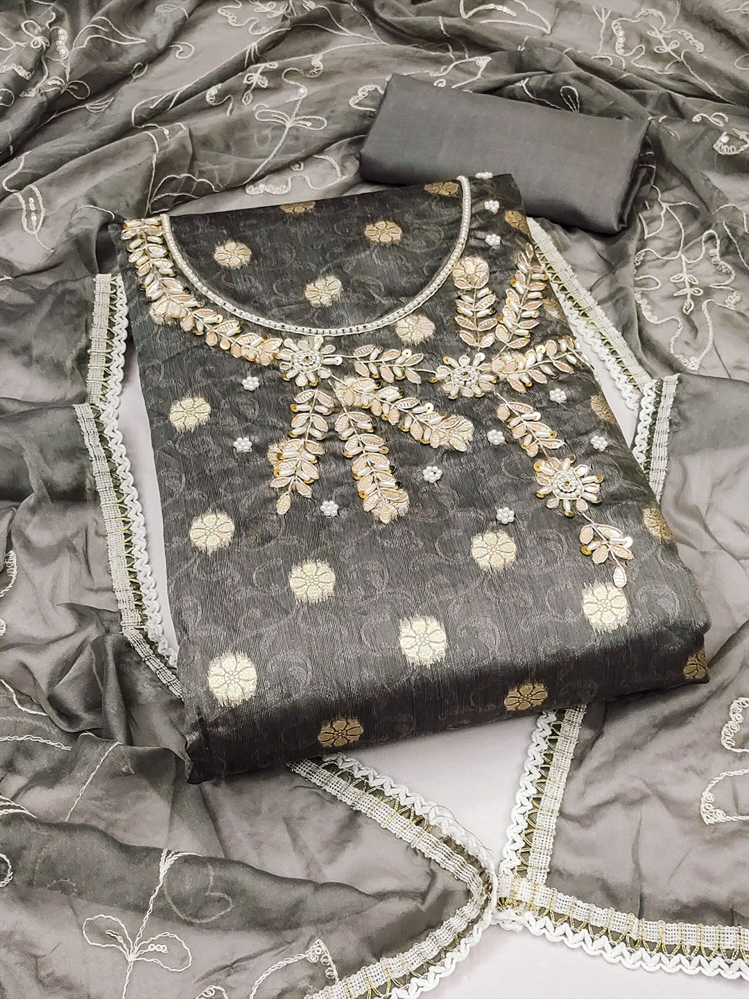 

KIMISHA Floral Woven Design Beads and Stones Unstitched Dress Material, Grey