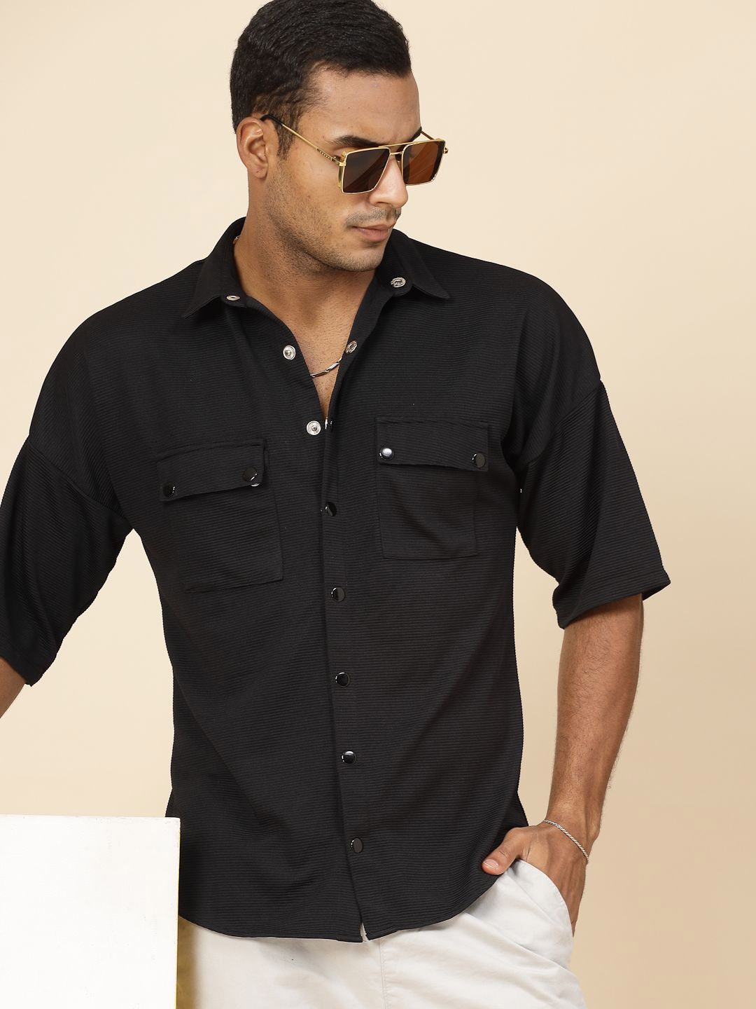 

Rigo Solid Oversized Casual Shirt, Black