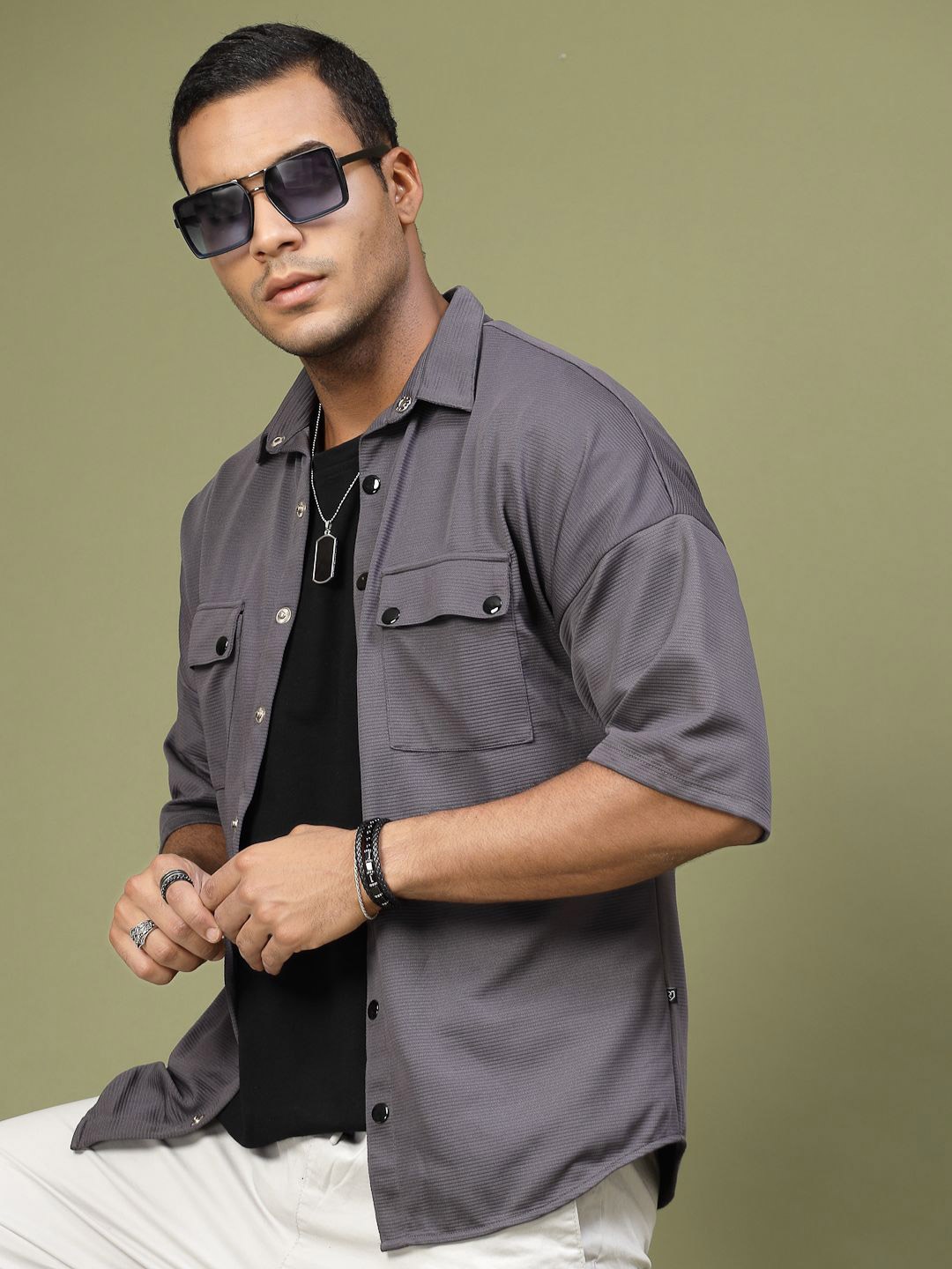 

Rigo Solid Drop-Shoulder Sleeves Oversized Casual Shirt, Charcoal