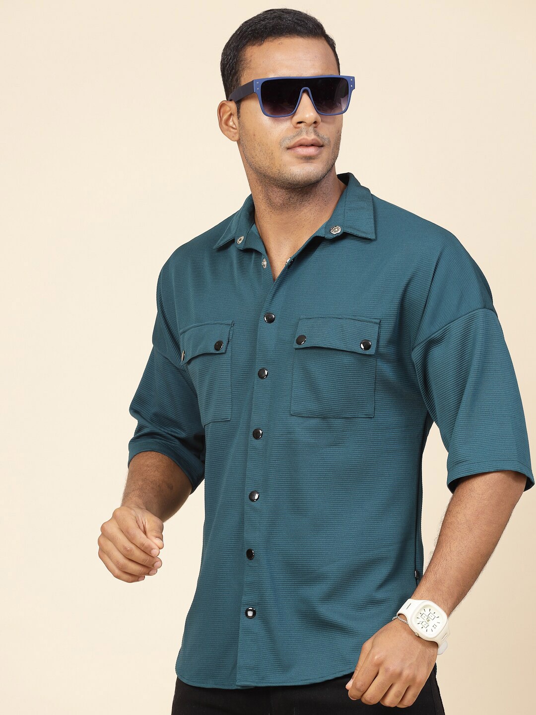 

Rigo Solid Drop-Shoulder Sleeves Oversized Casual Shirt, Teal