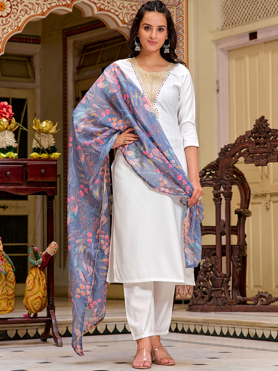 

KALINI Women Floral Embroidered Regular Thread Work Kurta with Trousers & With Dupatta, Grey