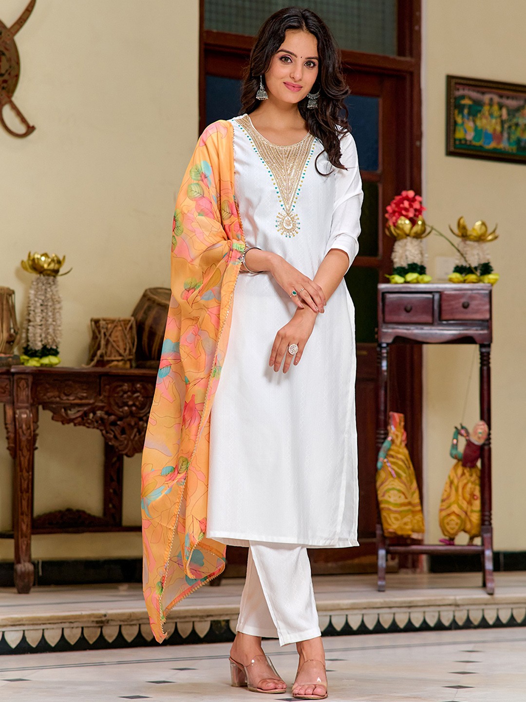 

KALINI Women Floral Yoke Design Regular Thread Work Kurta with Trousers & Dupatta, White