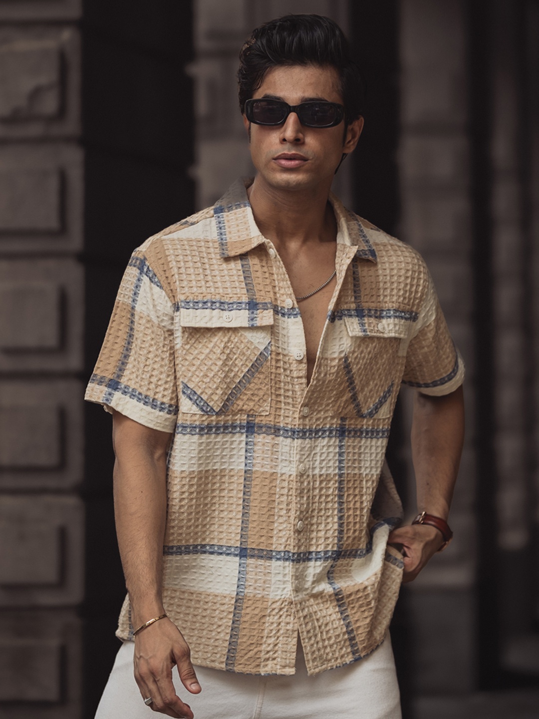 

Powerlook Men Tartan Checks Opaque Checked Cotton Casual Shirt, Off white