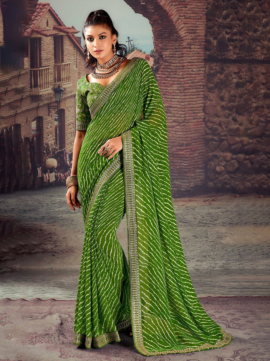 

Mitera Embroidered Leheriya Saree, Green