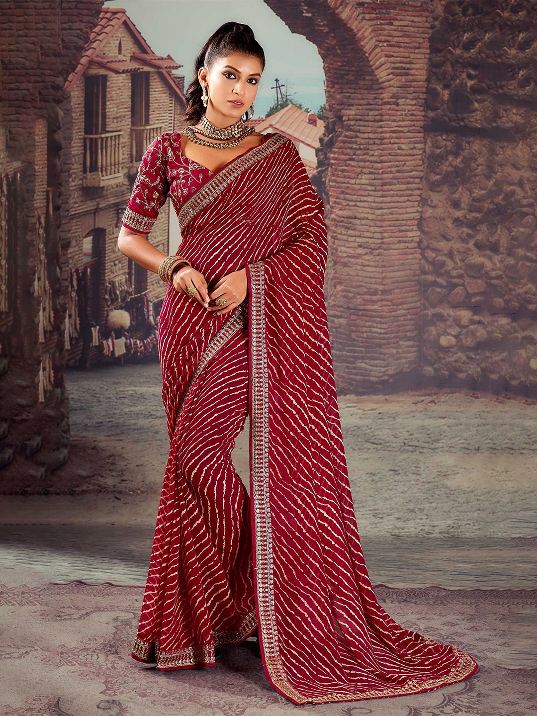 

Mitera Leheriya Embroidered Leheriya Saree, Maroon