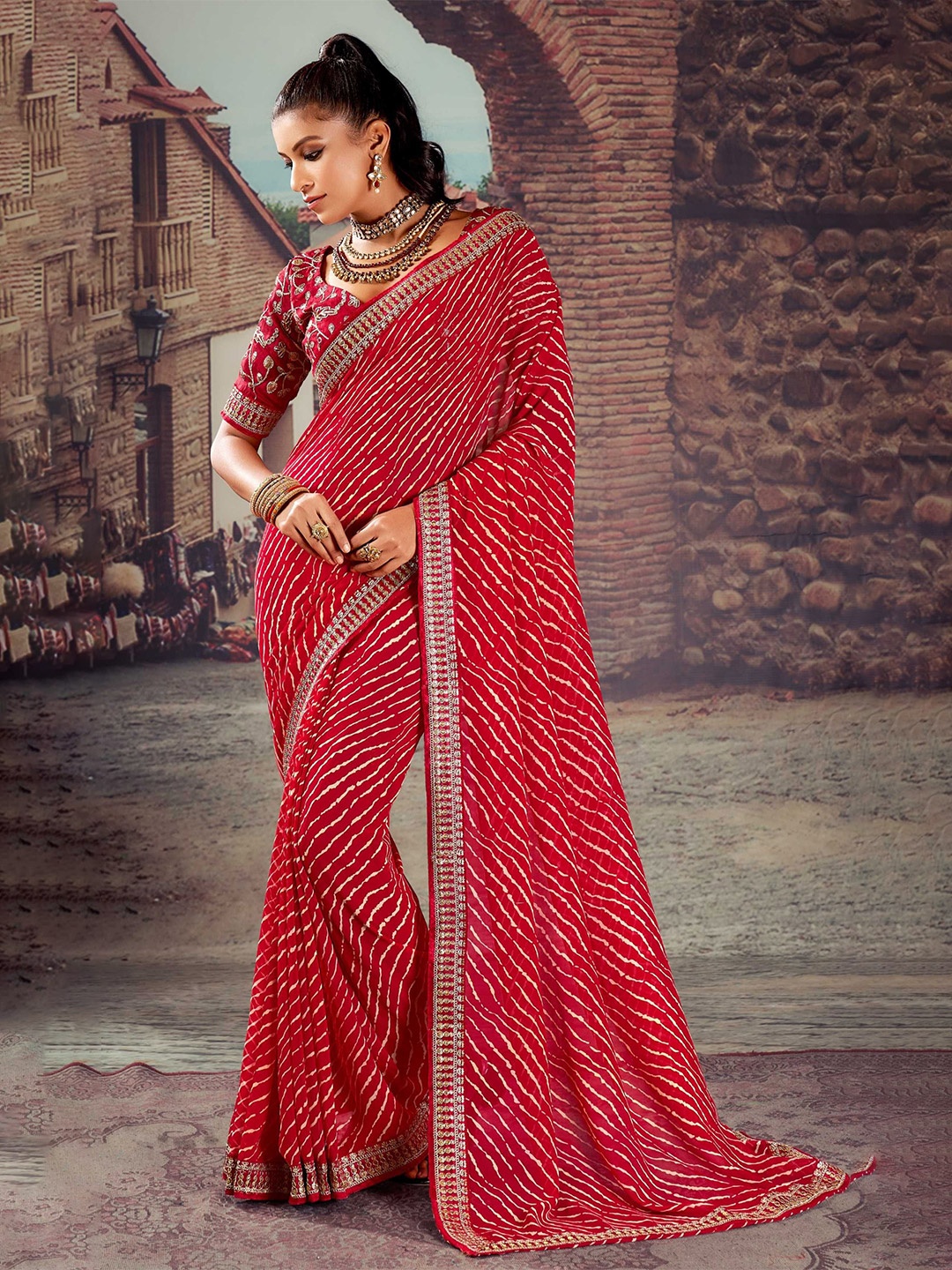 

Mitera Leheriya Embroidered Leheriya Saree, Red