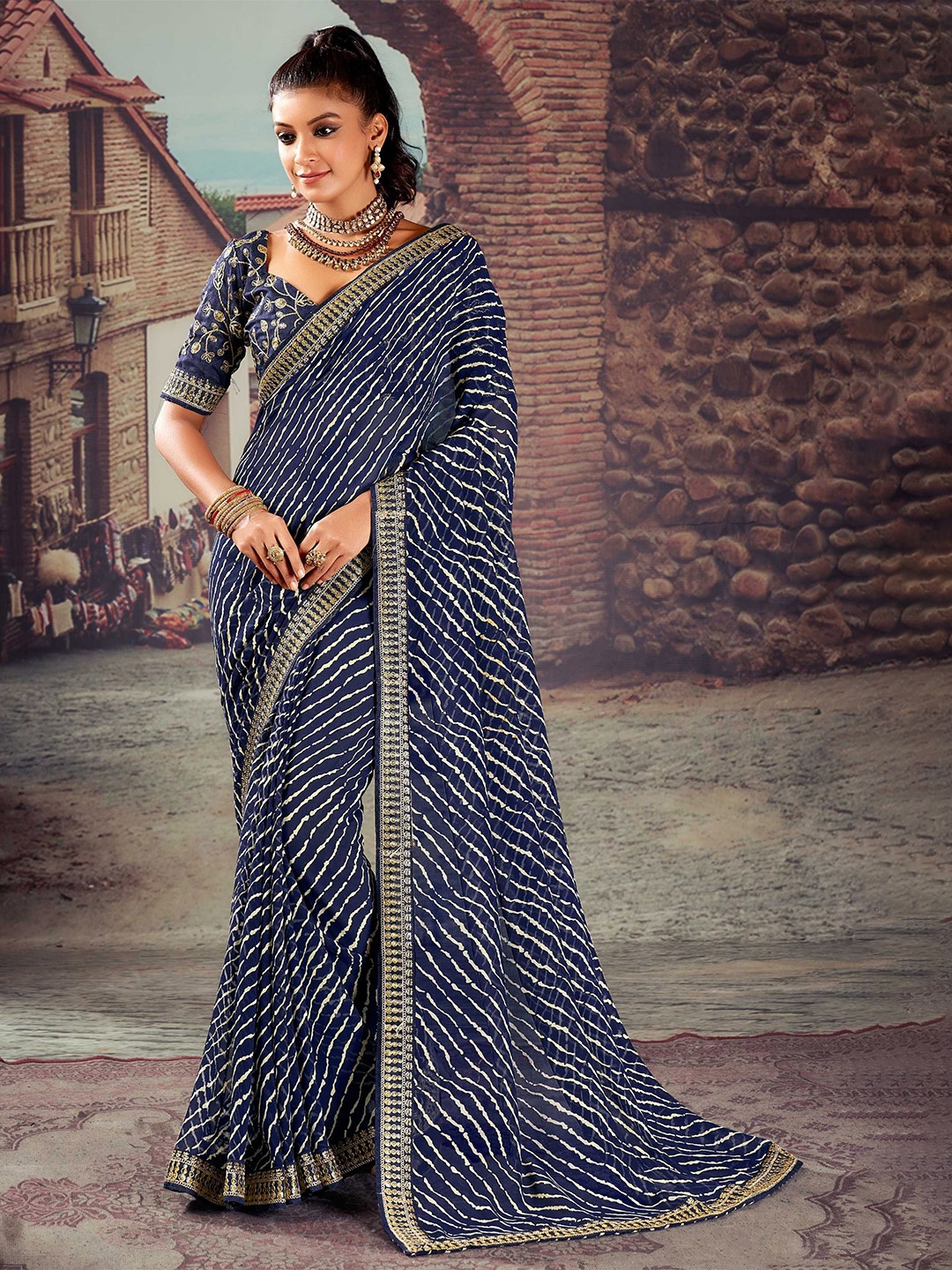 

Mitera Striped Embroidered Leheriya Saree, Navy blue