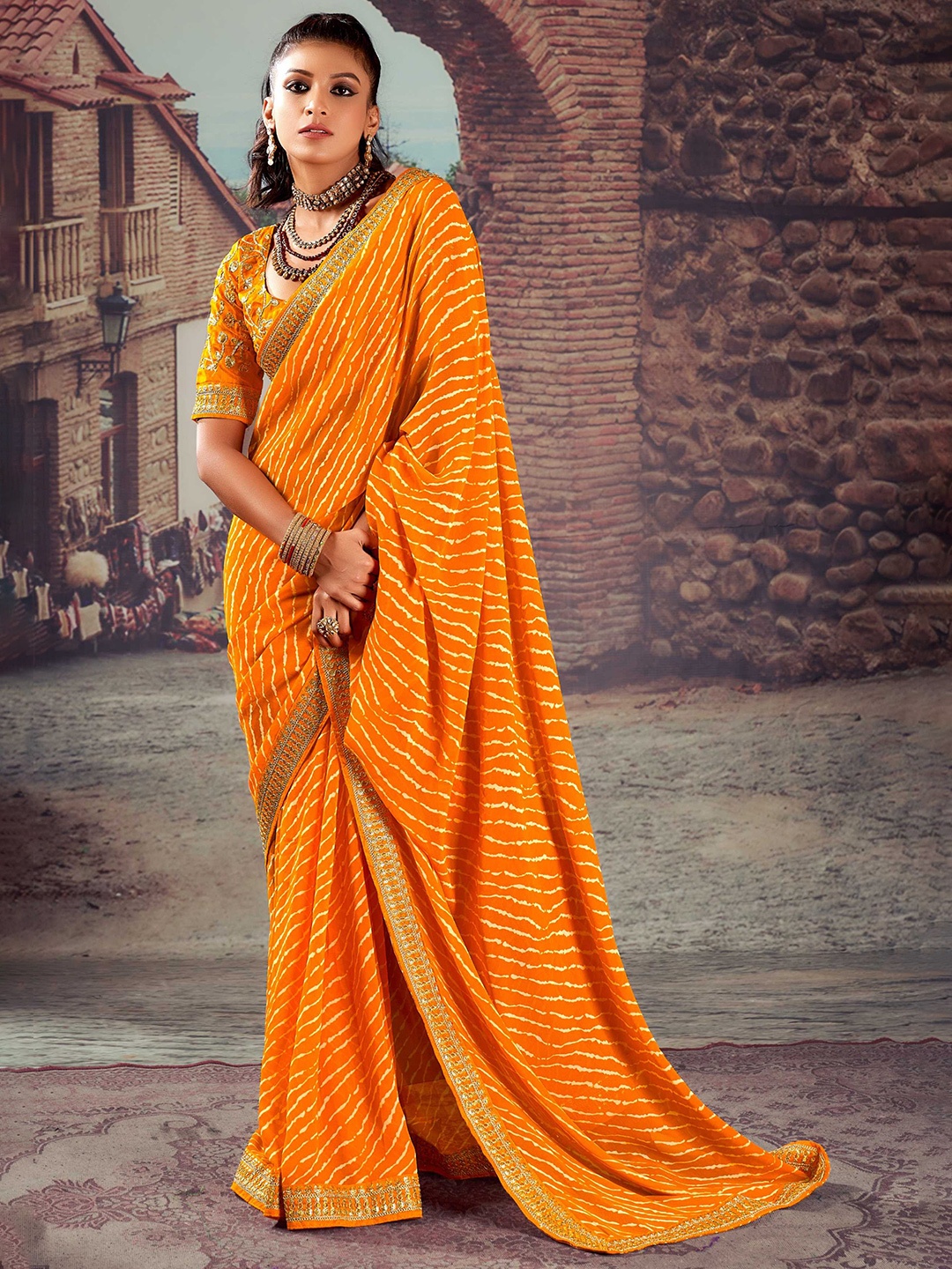 

Mitera Leheriya Embroidered Leheriya Saree, Orange