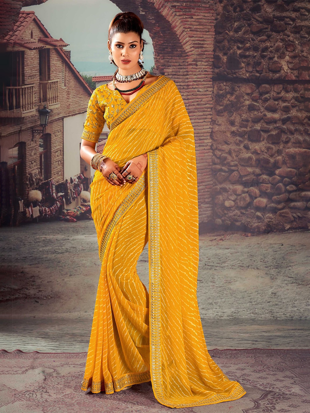 

Mitera Leheriya Embroidered Leheriya Saree, Yellow