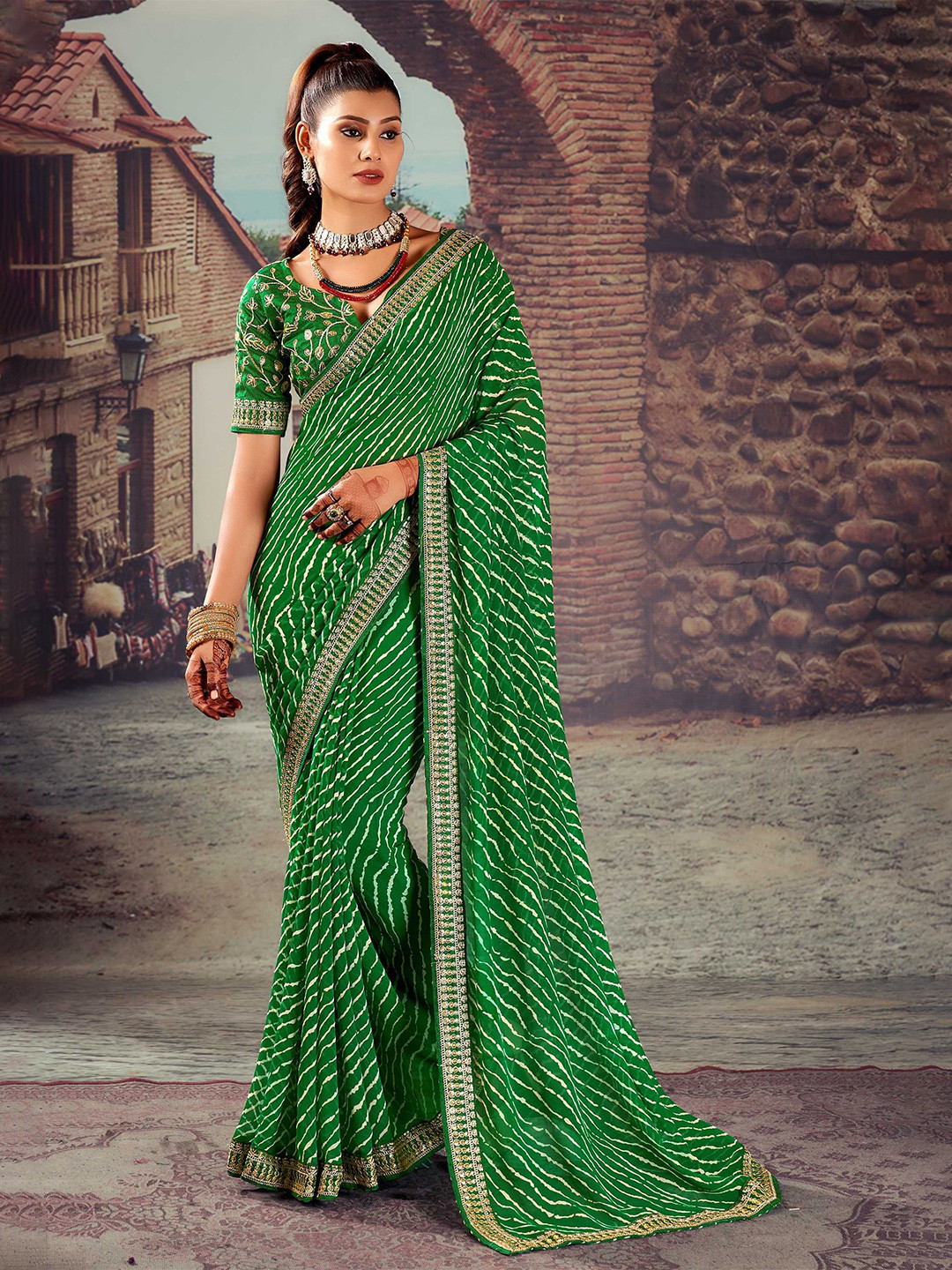 

Mitera Leheriya Embroidered Designer Leheriya Saree, Green