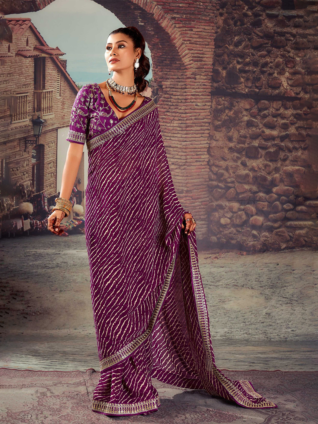 

Mitera Embroidered Leheriya Saree With Blouse Piece, Purple