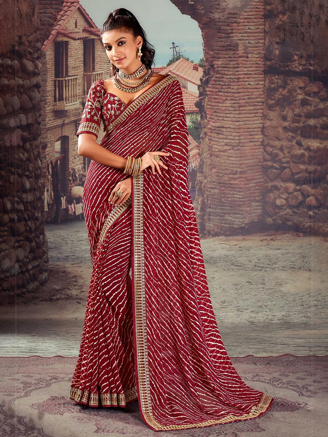 

Mitera Leheriya Embroidered Designer Leheriya Saree, Maroon