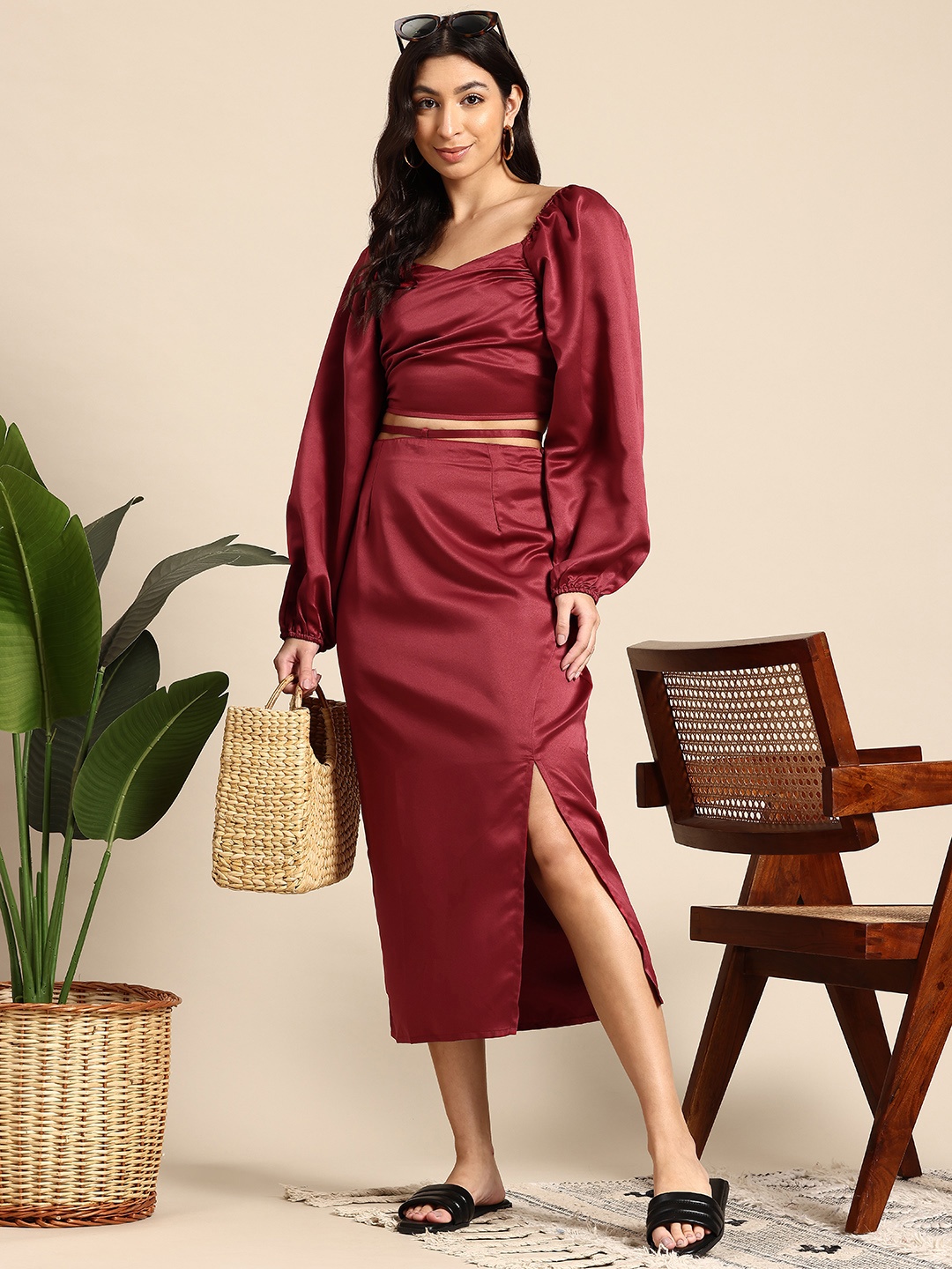 

Mast & Harbour Satin Finish Top With Skirt Co-Ord Set, Maroon