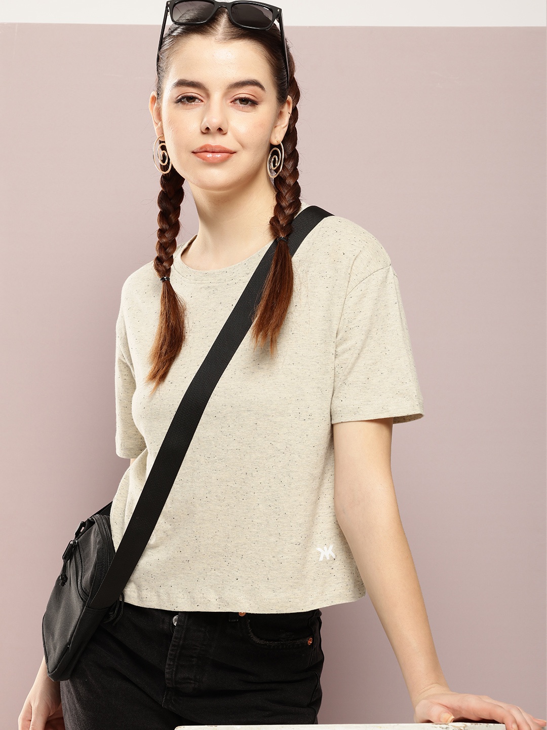 

Kook N Keech Drop-Shoulder Sleeves Melange Boxy Casual T-shirt, Beige