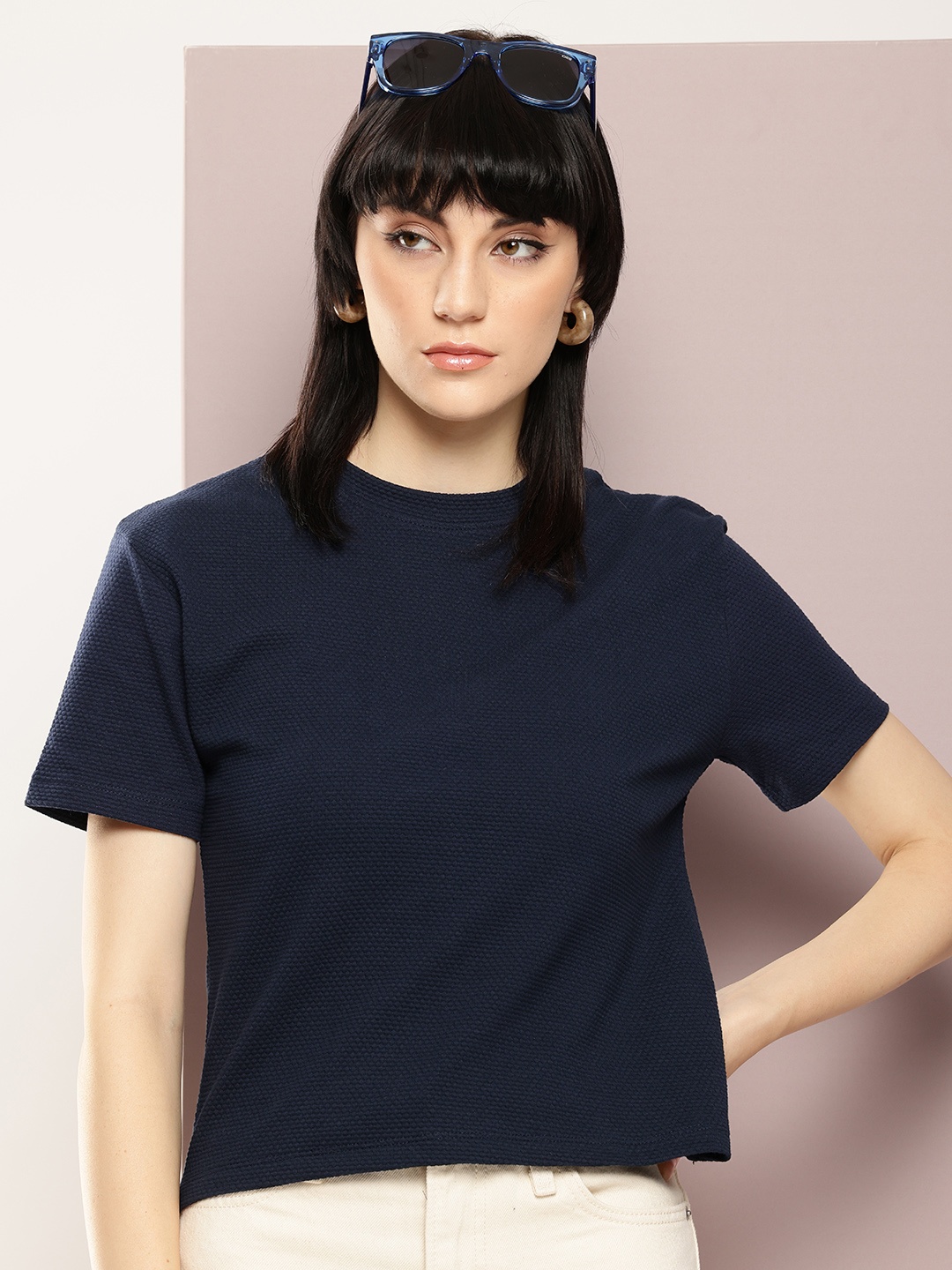 

Kook N Keech Self Design Casual Boxy T-shirt, Navy blue