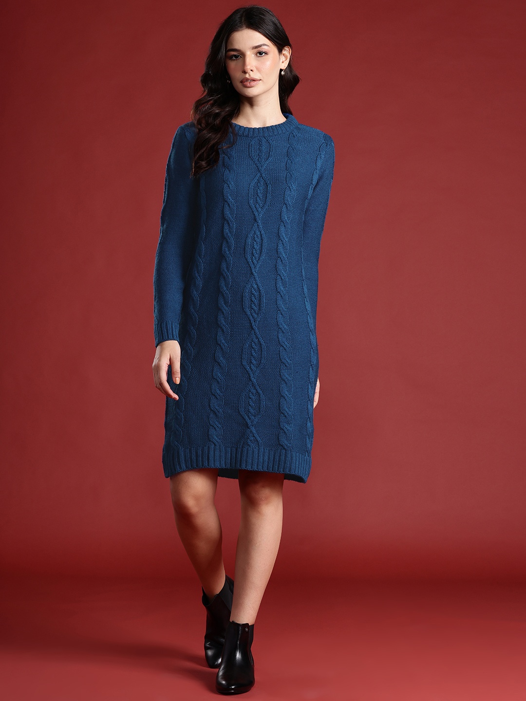 

all about you Pure Acrylic Cable Knit Sweater Dress, Blue