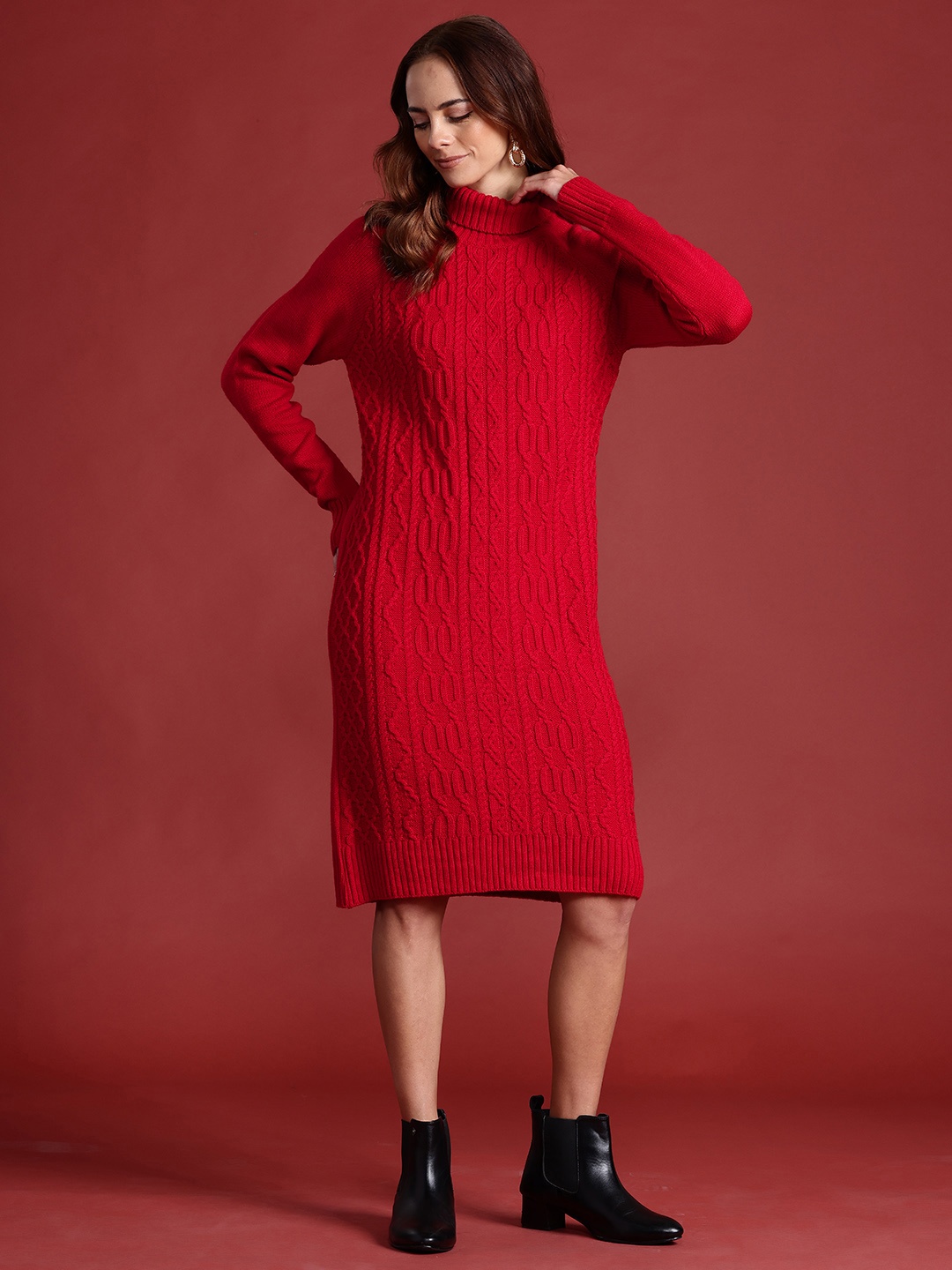 

all about you Cable Knit Pure Acrylic Sheath Dress, Red