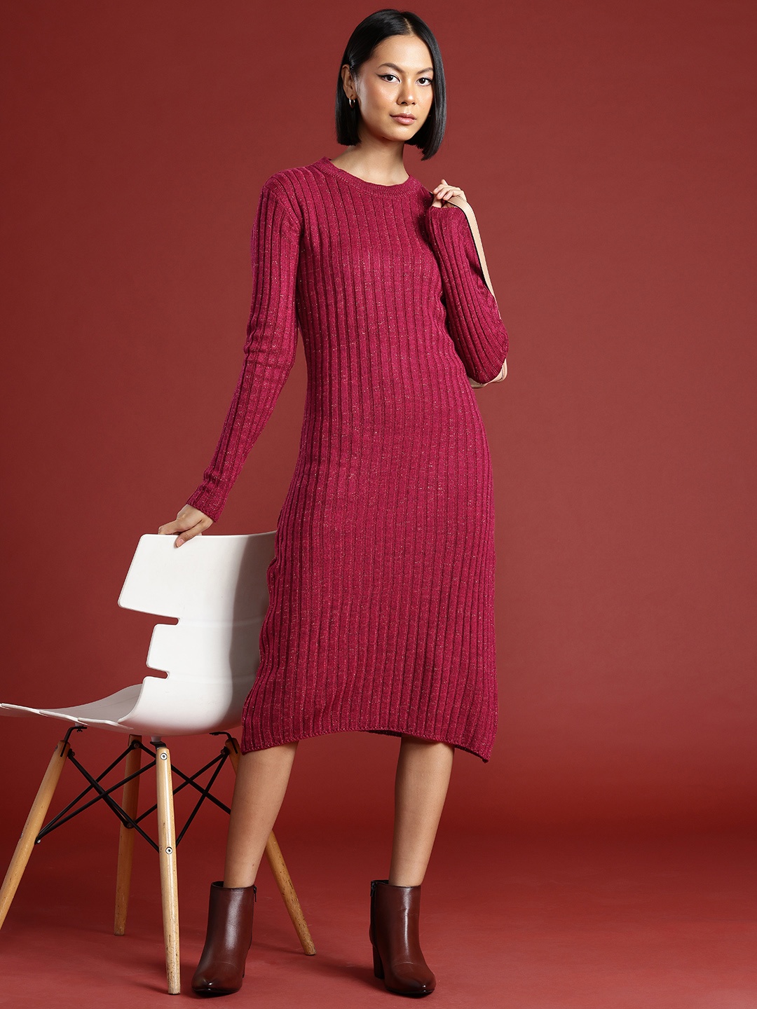 

all about you Ribbed Acrylic Jumper Midi Dress, Magenta