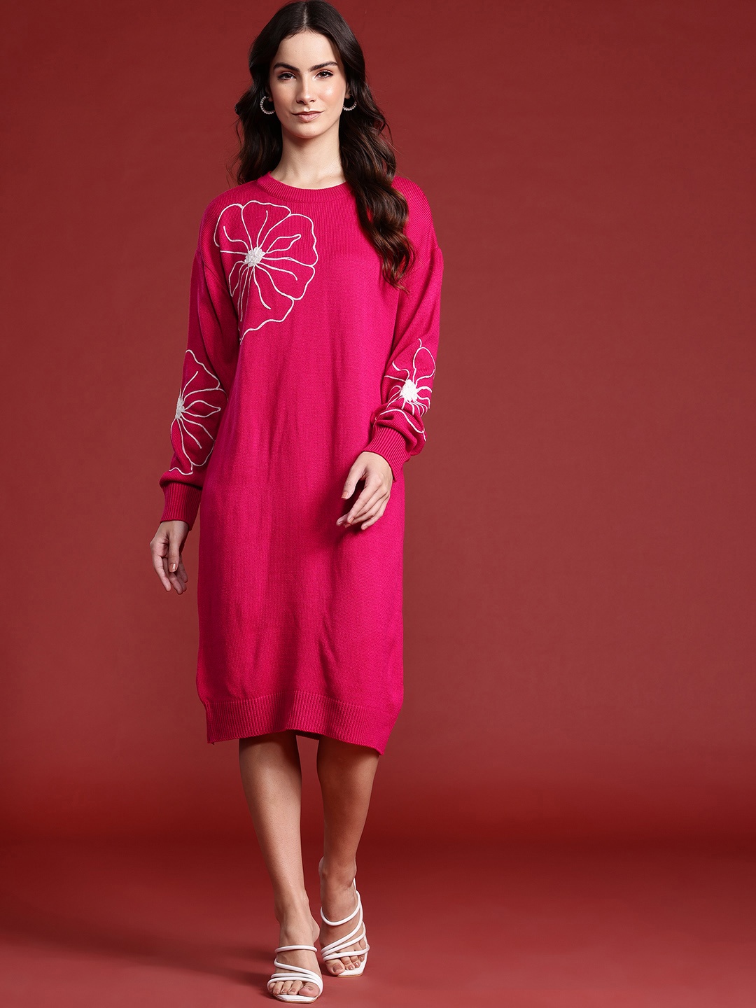 

all about you Floral Embroidered Puff Sleeve Sheath Dress, Fuchsia
