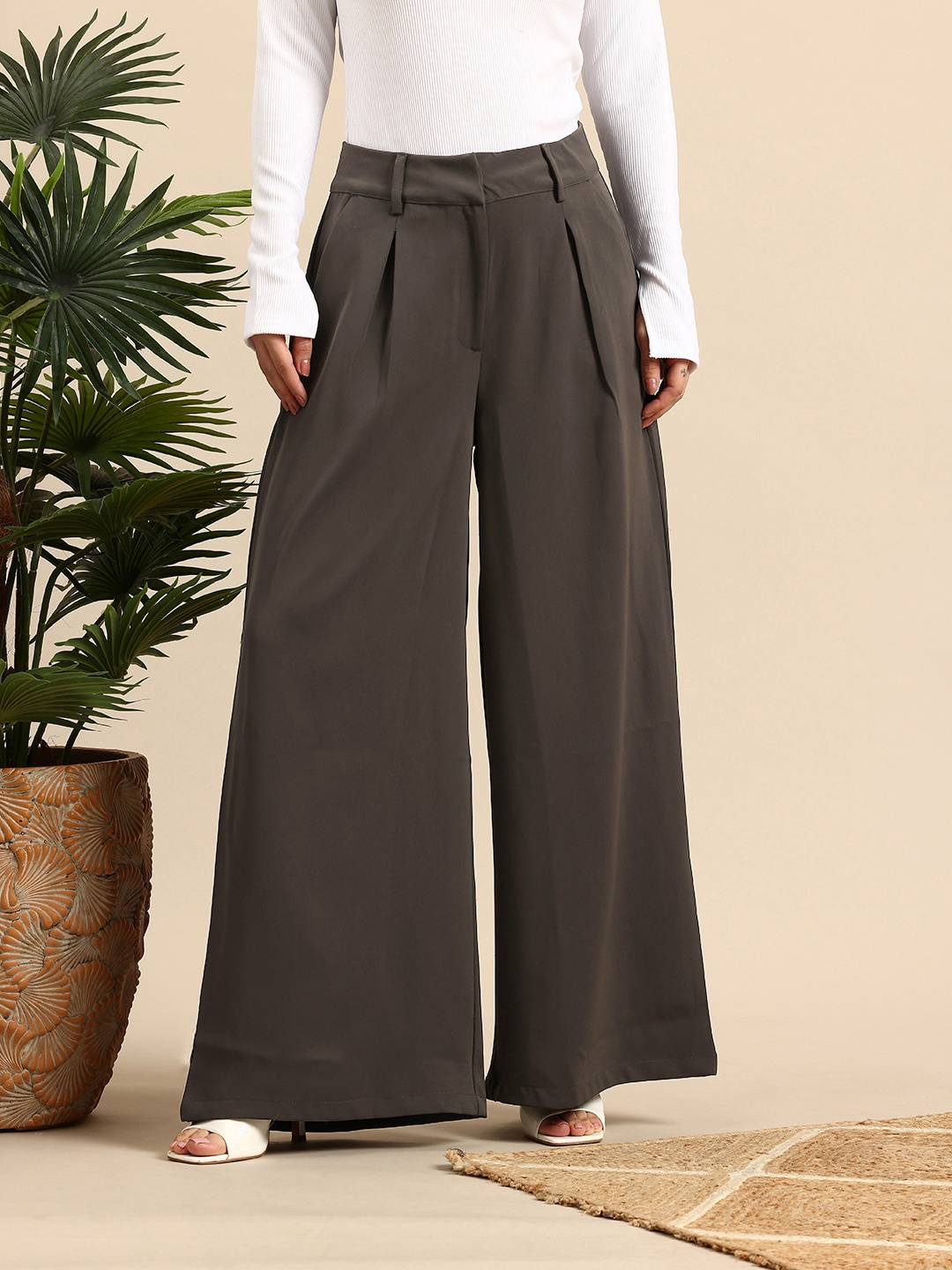 

Mast & Harbour Women Wide Leg Pure Cotton Trousers, Charcoal