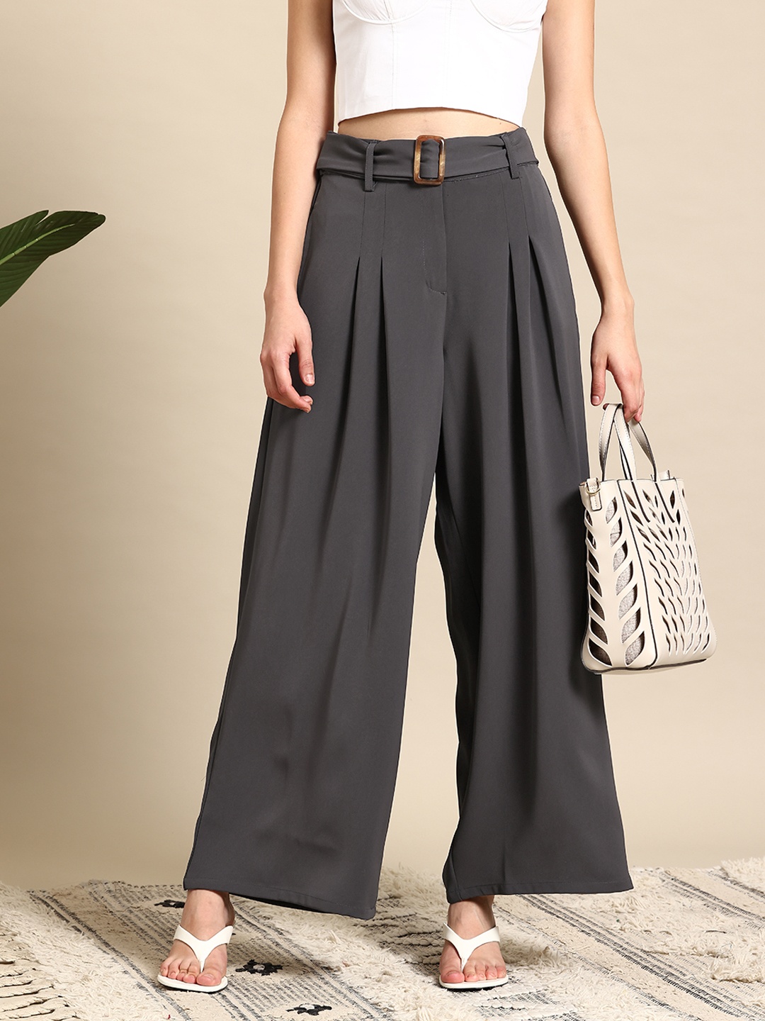 

Mast & Harbour Pleated High-Waist Parallel Trousers, Charcoal