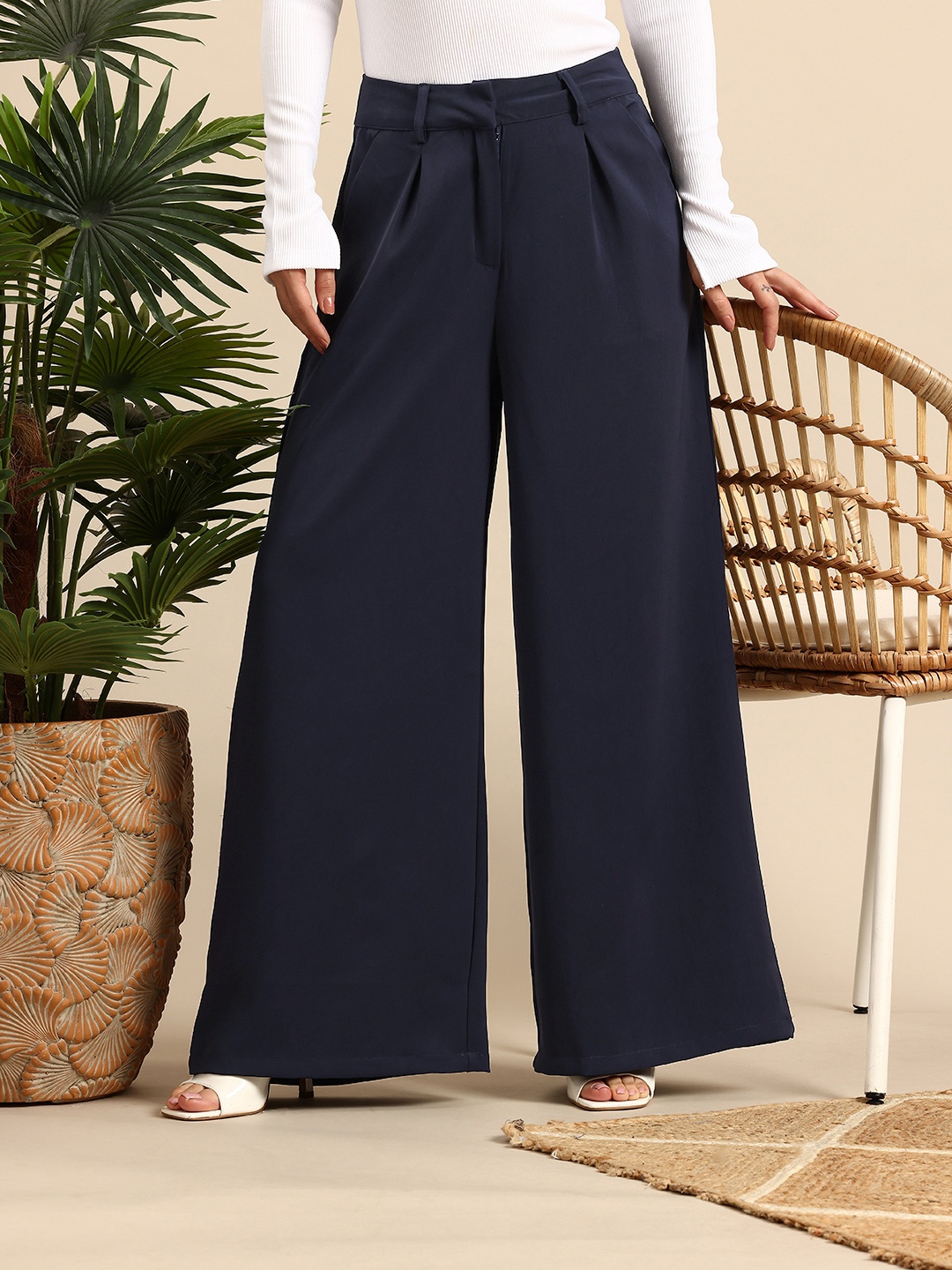 

Mast & Harbour Women Wide Leg Pure Cotton Trousers, Navy blue