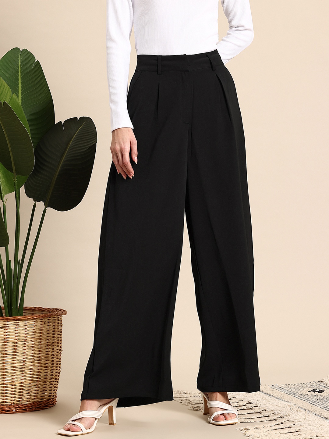 

Mast & Harbour Women Pure Cotton Flared Pleated Trousers, Black