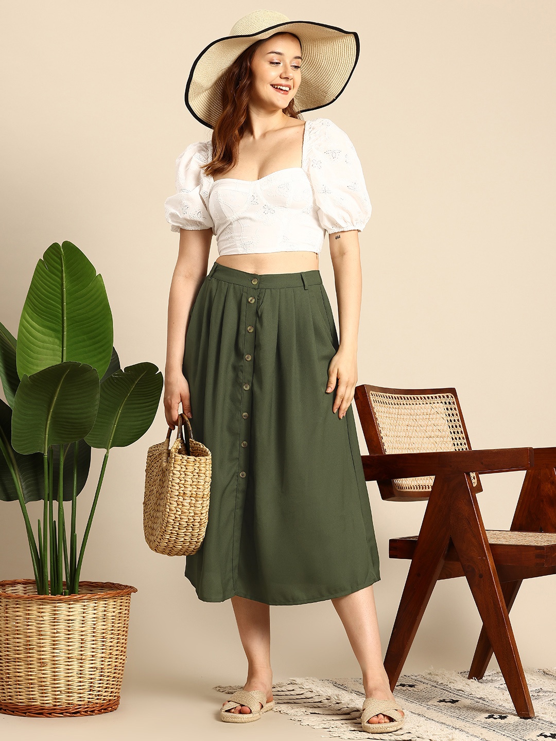 

Mast & Harbour Women Flared Midi Skirt with Front Slit, Green
