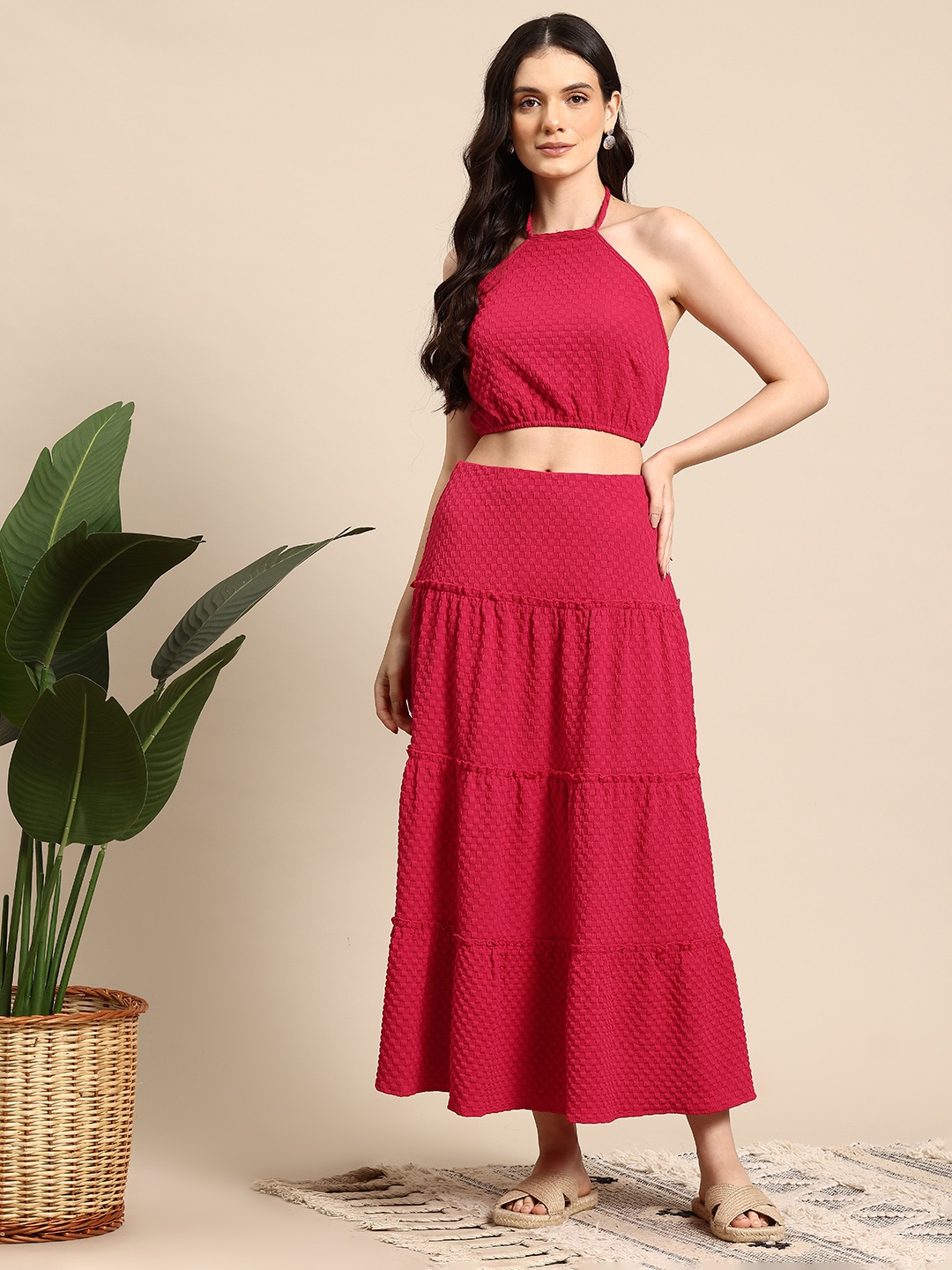 

Mast & Harbour Textured Tiered Style-Back Fusion Co-Ord, Red