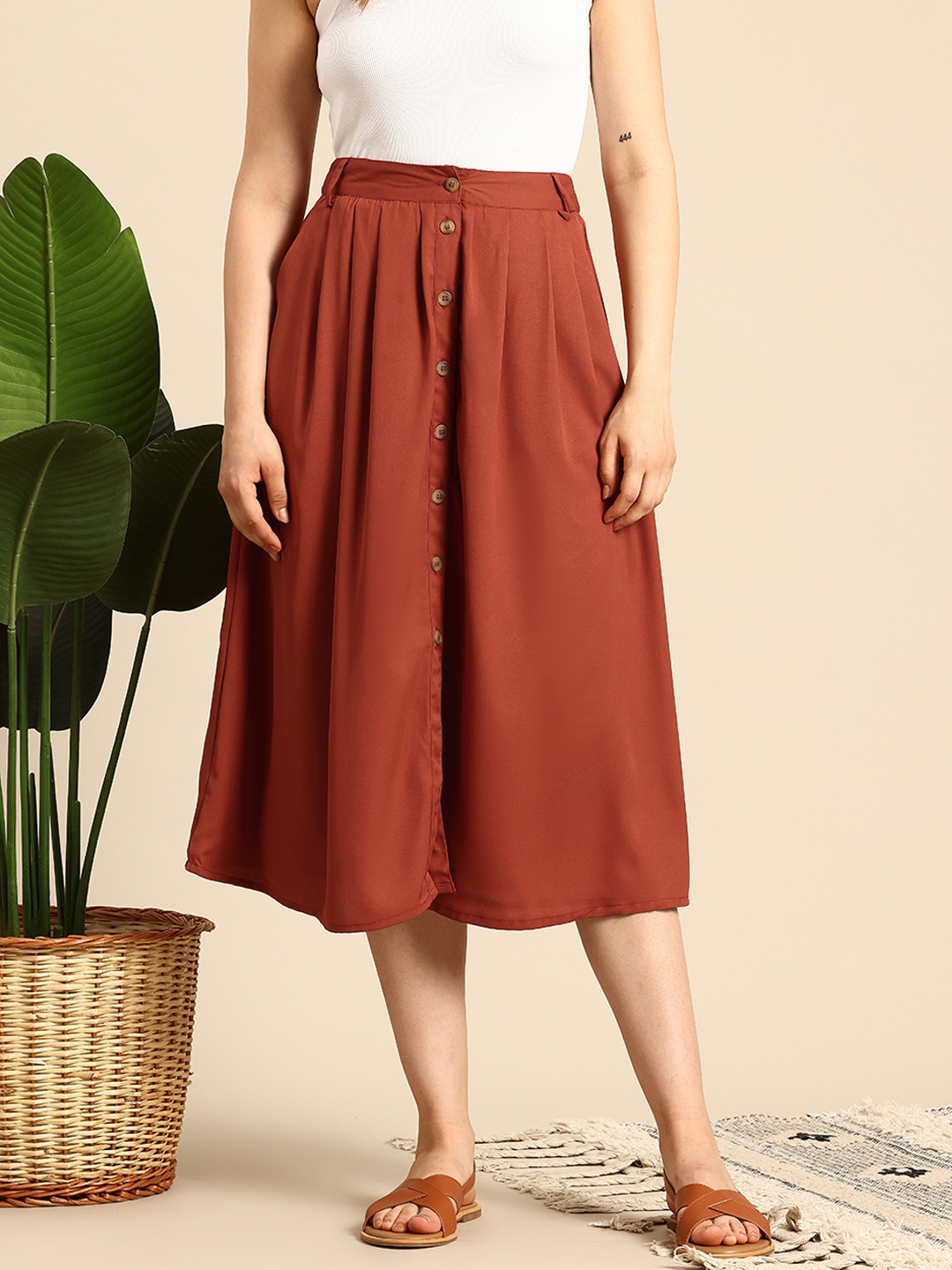 

Mast & Harbour Women Flared Midi Skirt with Front Slit, Rust