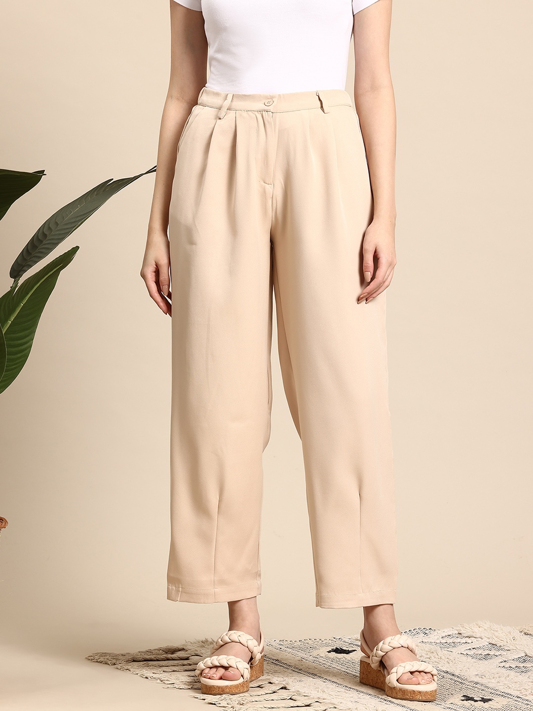 

Mast & Harbour Women Pleated Trousers, Beige