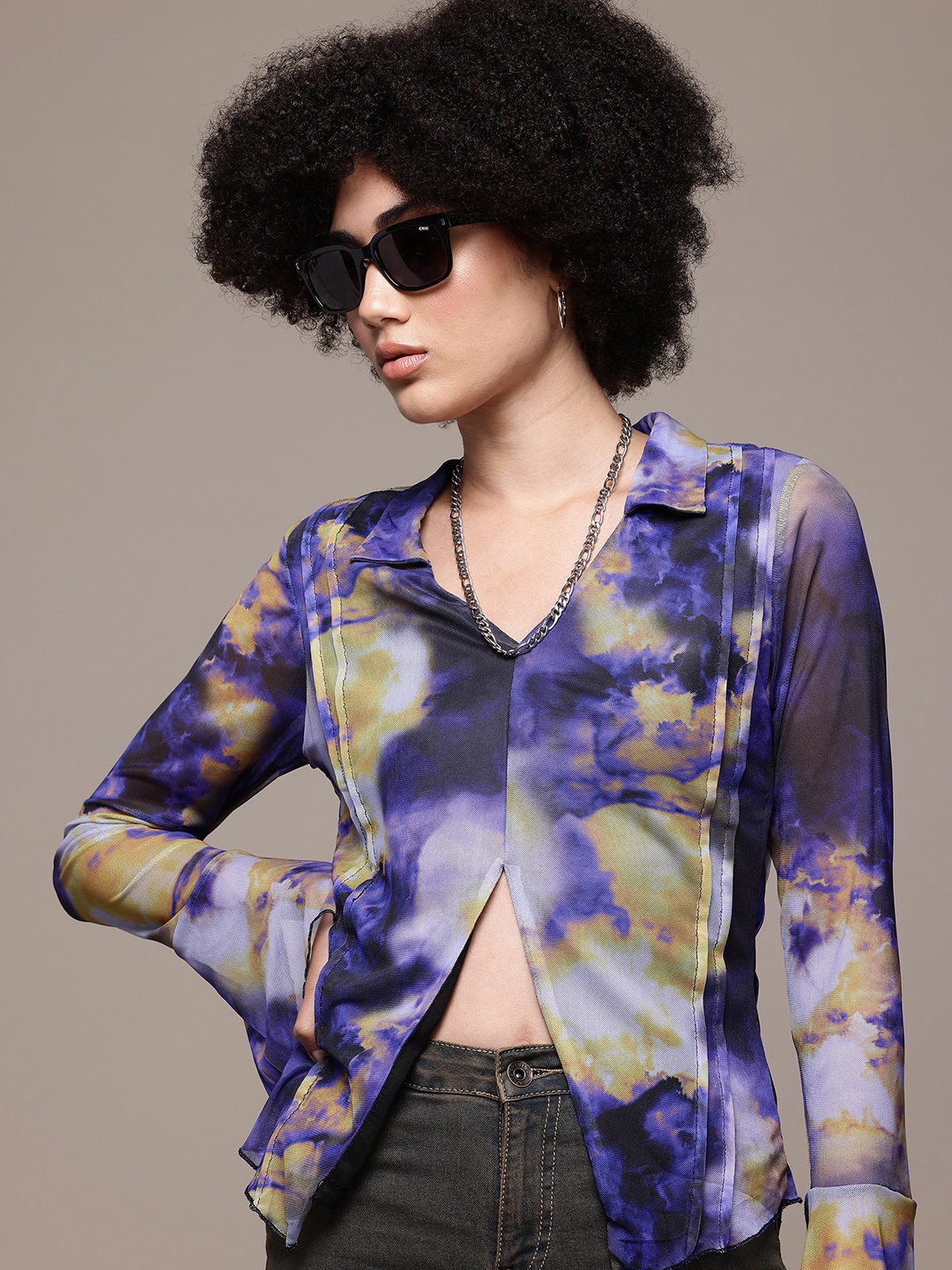 

The Roadster Lifestyle Co. Tie and Dye Bell Sleeve Slit-Detail Net Top, Blue