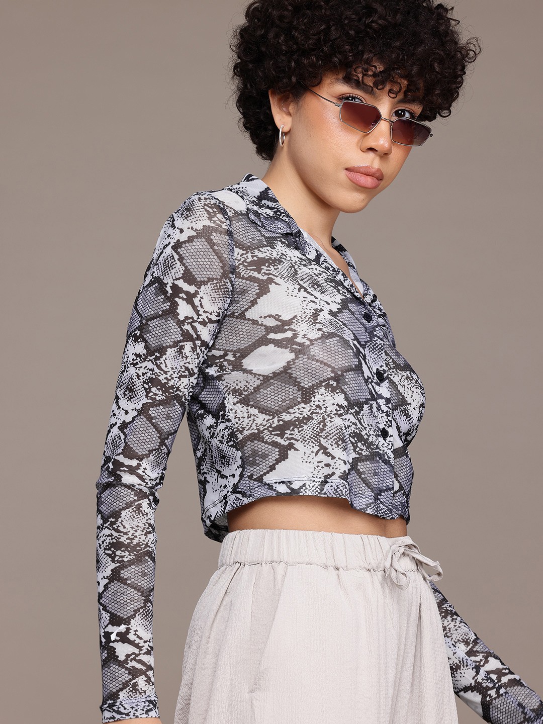 

Roadster Women Animal Semi Sheer Printed Crop Shirt, Grey