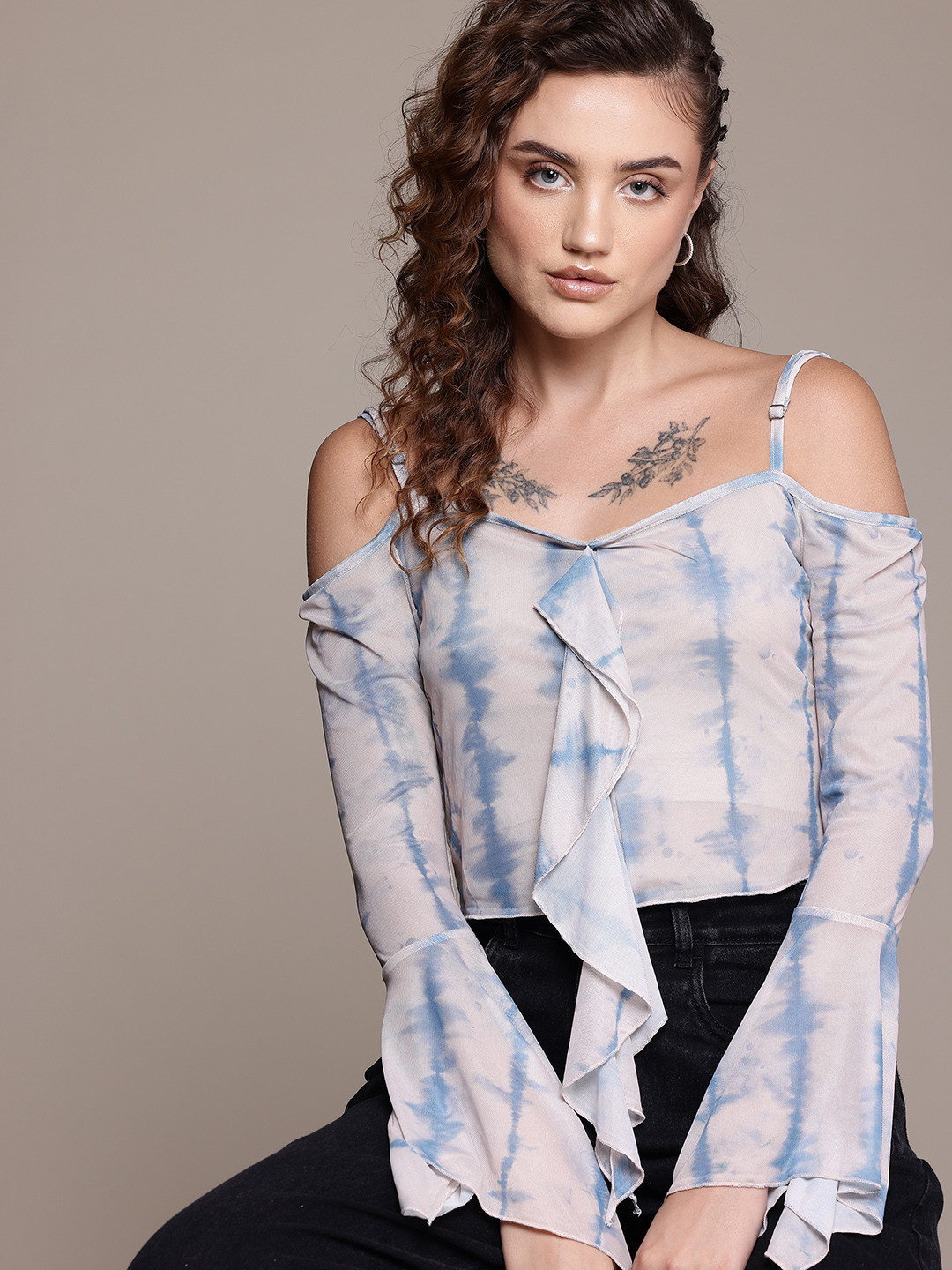 

Roadster The Lifestyle Co. Abstract Printed Sheer Bell Sleeve Top, White