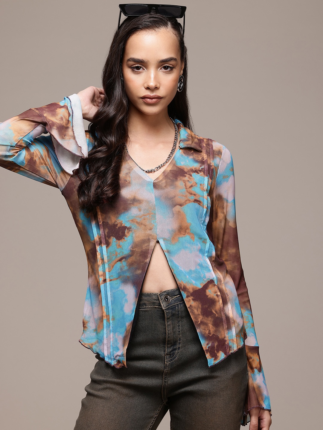 

The Roadster Lifestyle Co. Tie and Dye Bell Sleeve Slit-Detail Net Top, Brown
